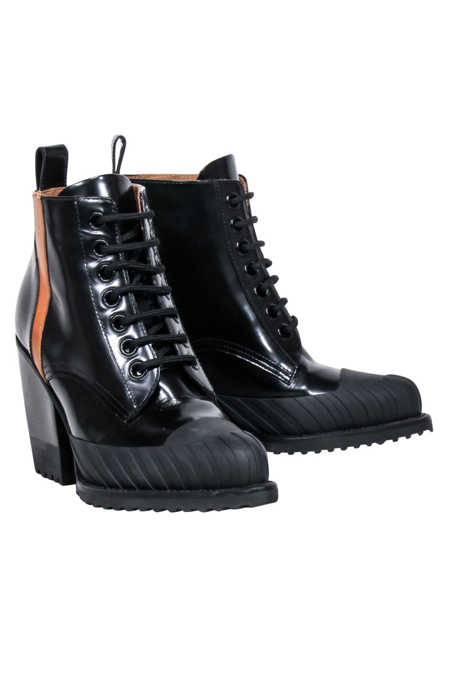 Chloe - Stunning Black & Tan Patent Leather Lace - Up Short Boots, Size 8