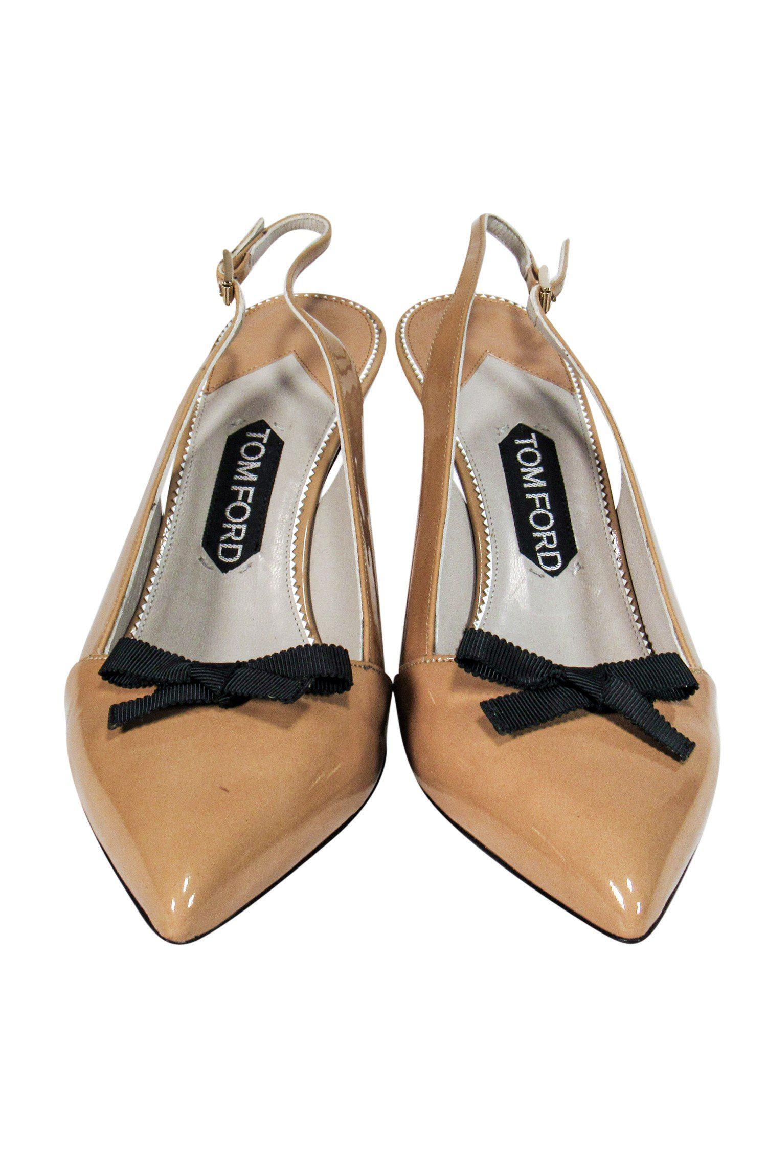 Tom Ford Nude Patent Leather Slingback Heels with Ribbon Bows - Size 9