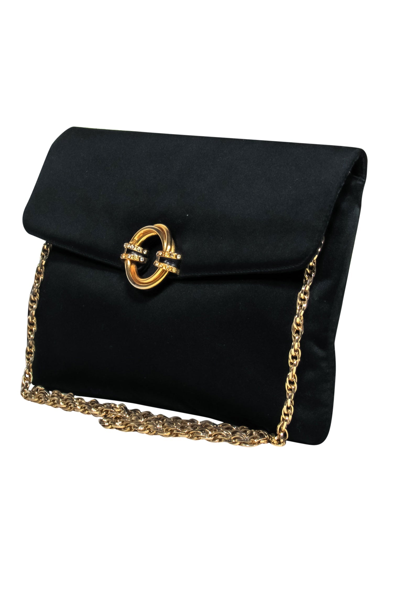 Rodo Black Satin Clutch: The Glamorous Party Essential with Gold Chain & Brooch