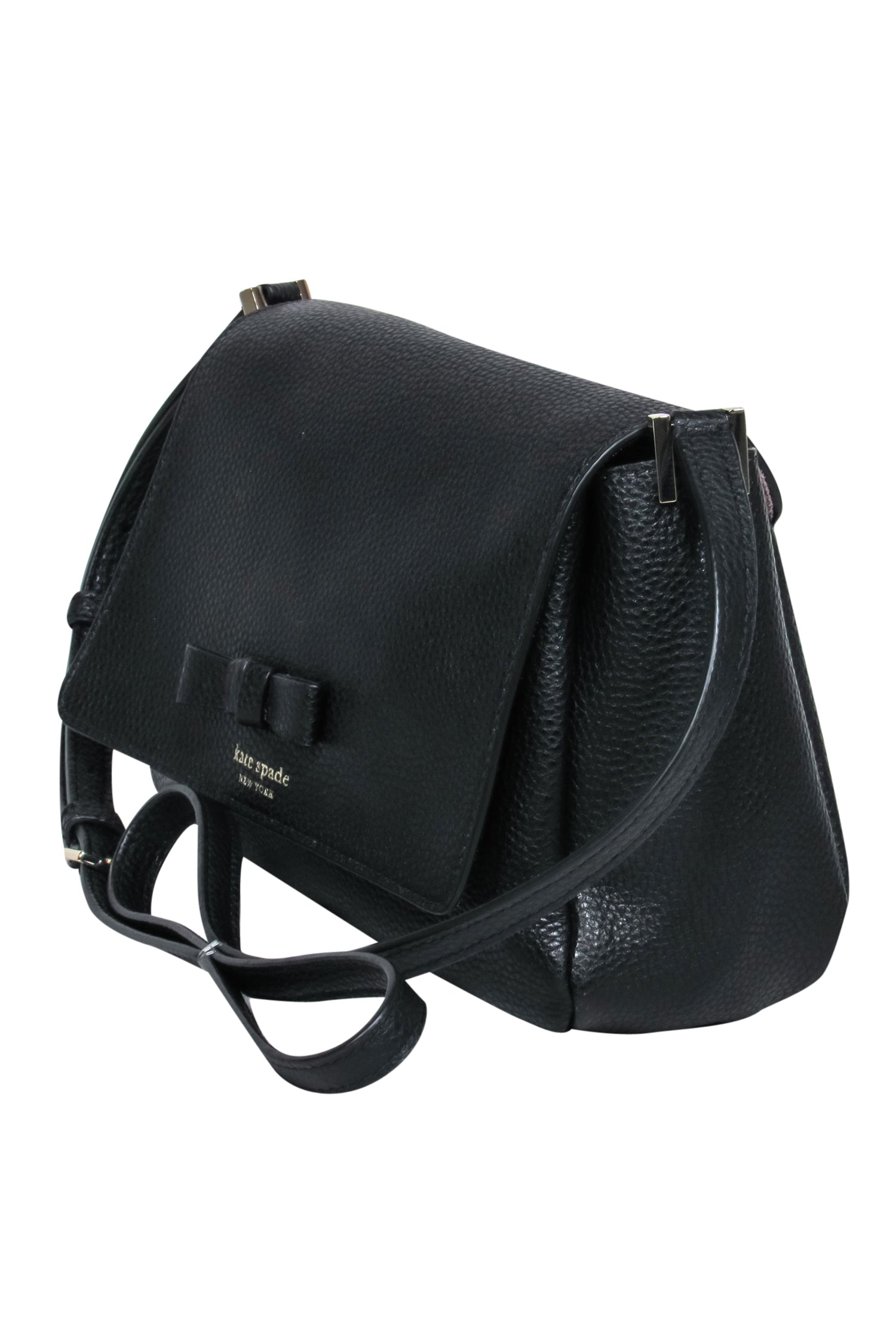 Kate Spade Black Pebbled Leather Fold-Over Crossbody Bag with a Charming Bow