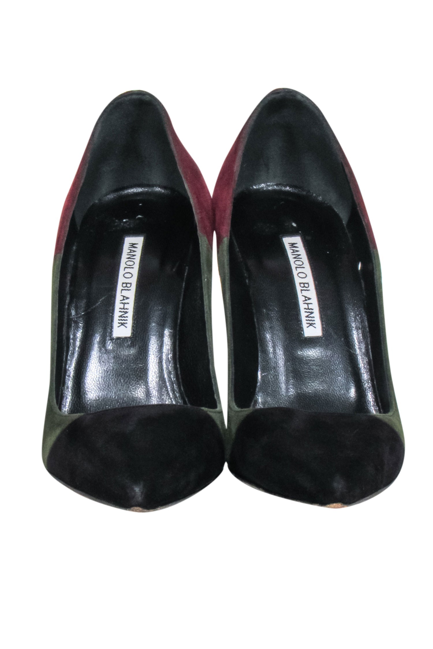 Manolo Blahnik - Stunning Maroon & Olive Green Color Block Pointed Toe Pumps in Size 8