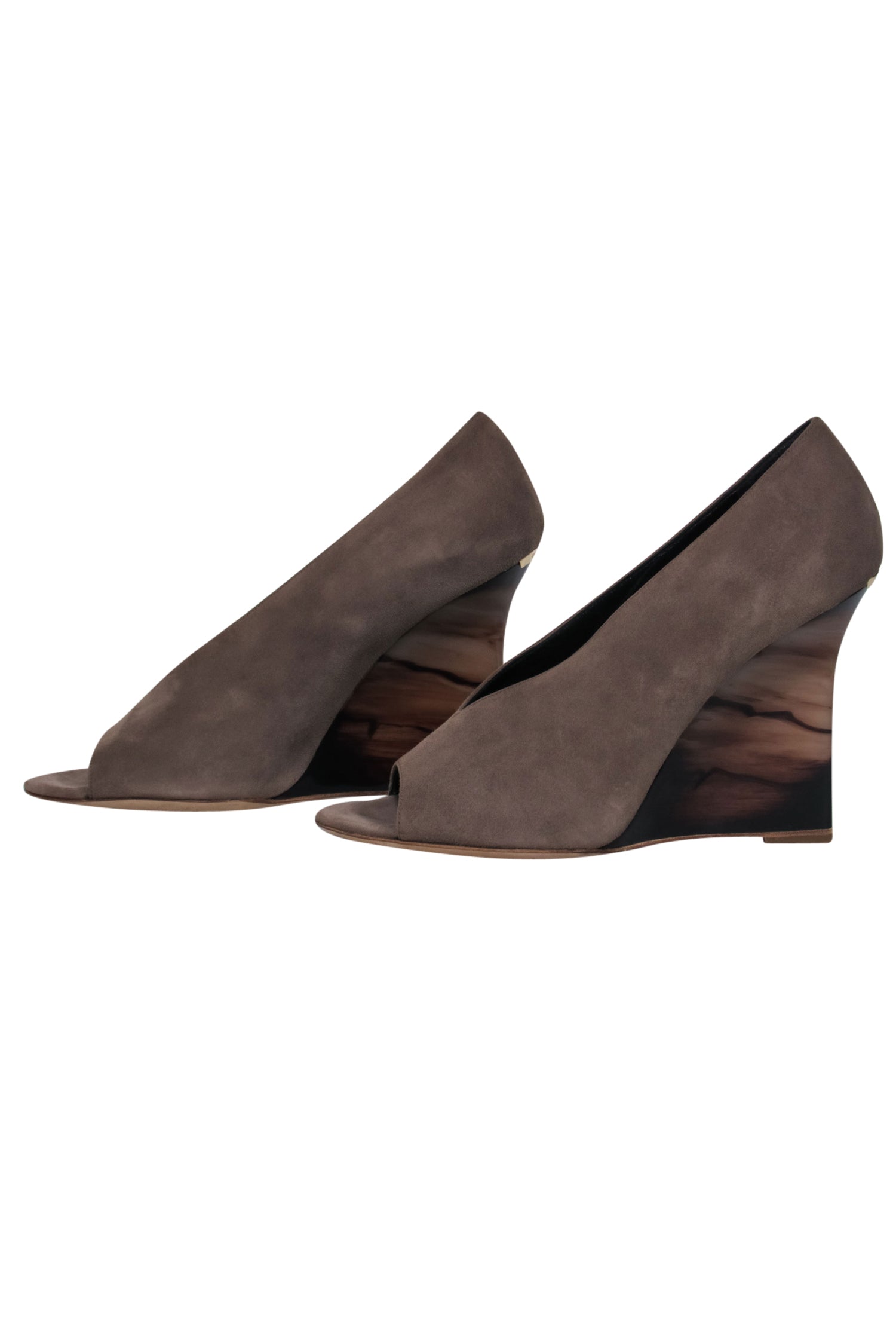 Burberry Taupe Suede Slip-On Wedges with Marbled Heel - Size 10