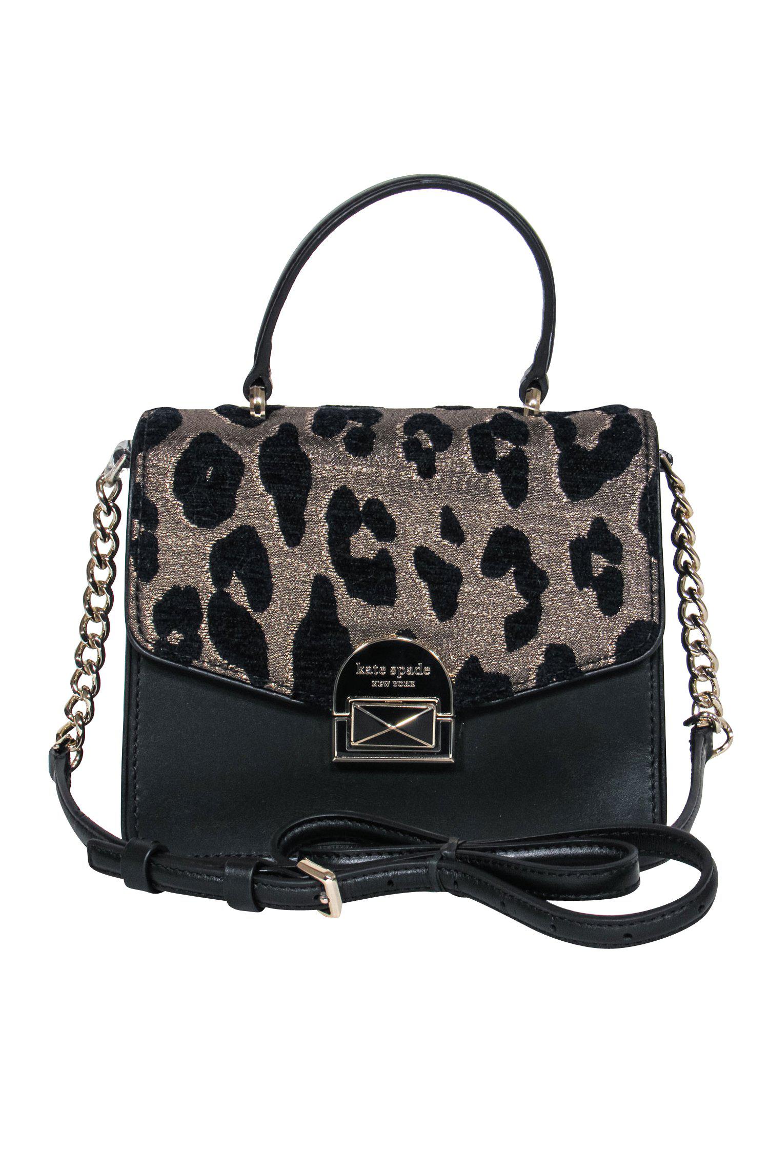 Kate Spade Black Leather Fold-Over Crossbody with Stunning Metallic Leopard Print