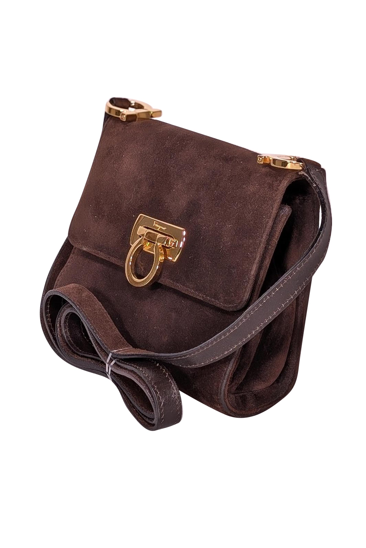 Ferragamo's Irresistible Chocolate Brown Suede Mini Crossbody Bag