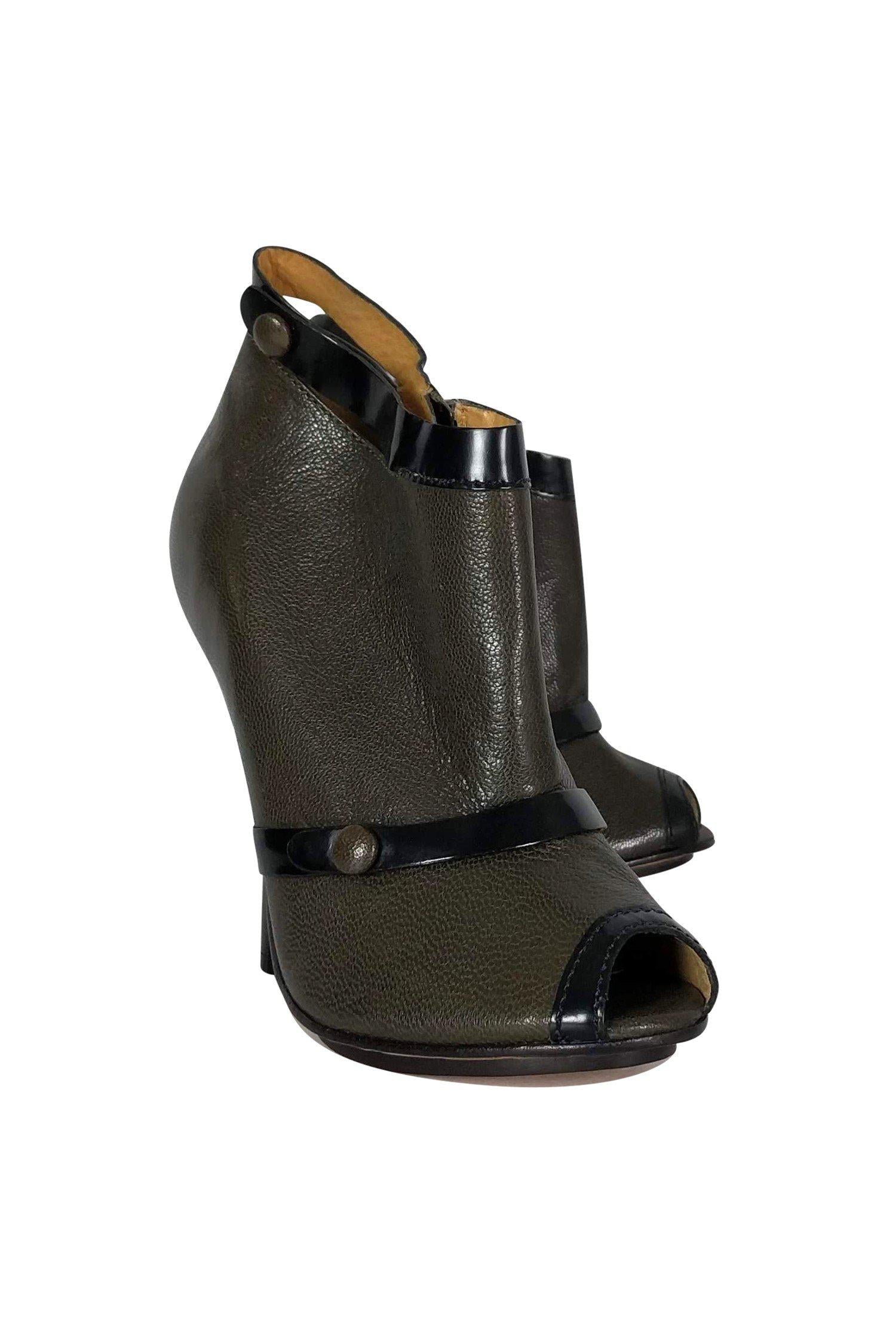 L.A.M.B. Olive Green & Black Open Toe Booties - Size 7 - Stylish and Flirty!