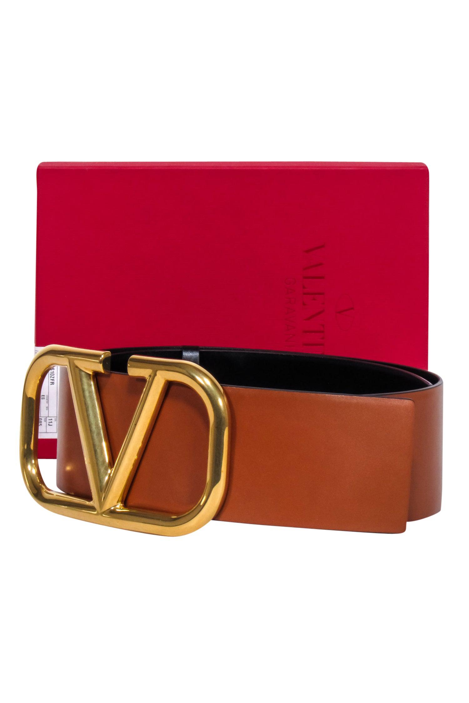 Valentino VLogo Reversible Leather Belt - Camel Brown/Black, Size S