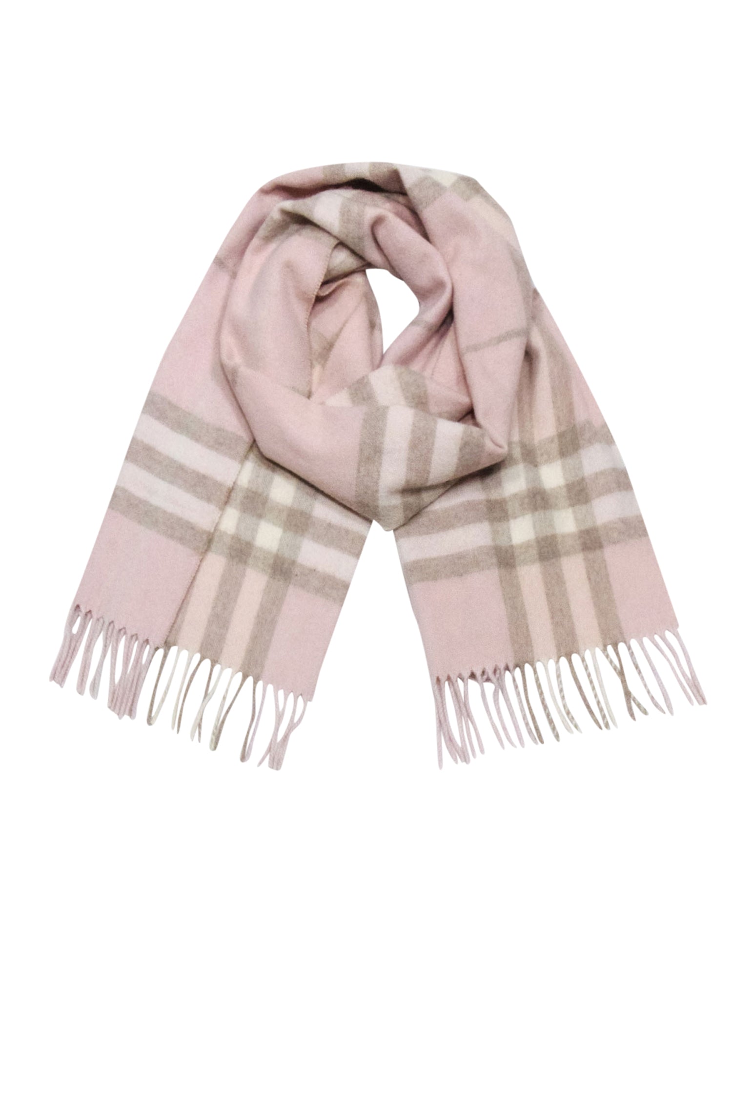 Burberry Luxury Blush, Beige & Cream Plaid Cashmere Scarf with Fringe Hem