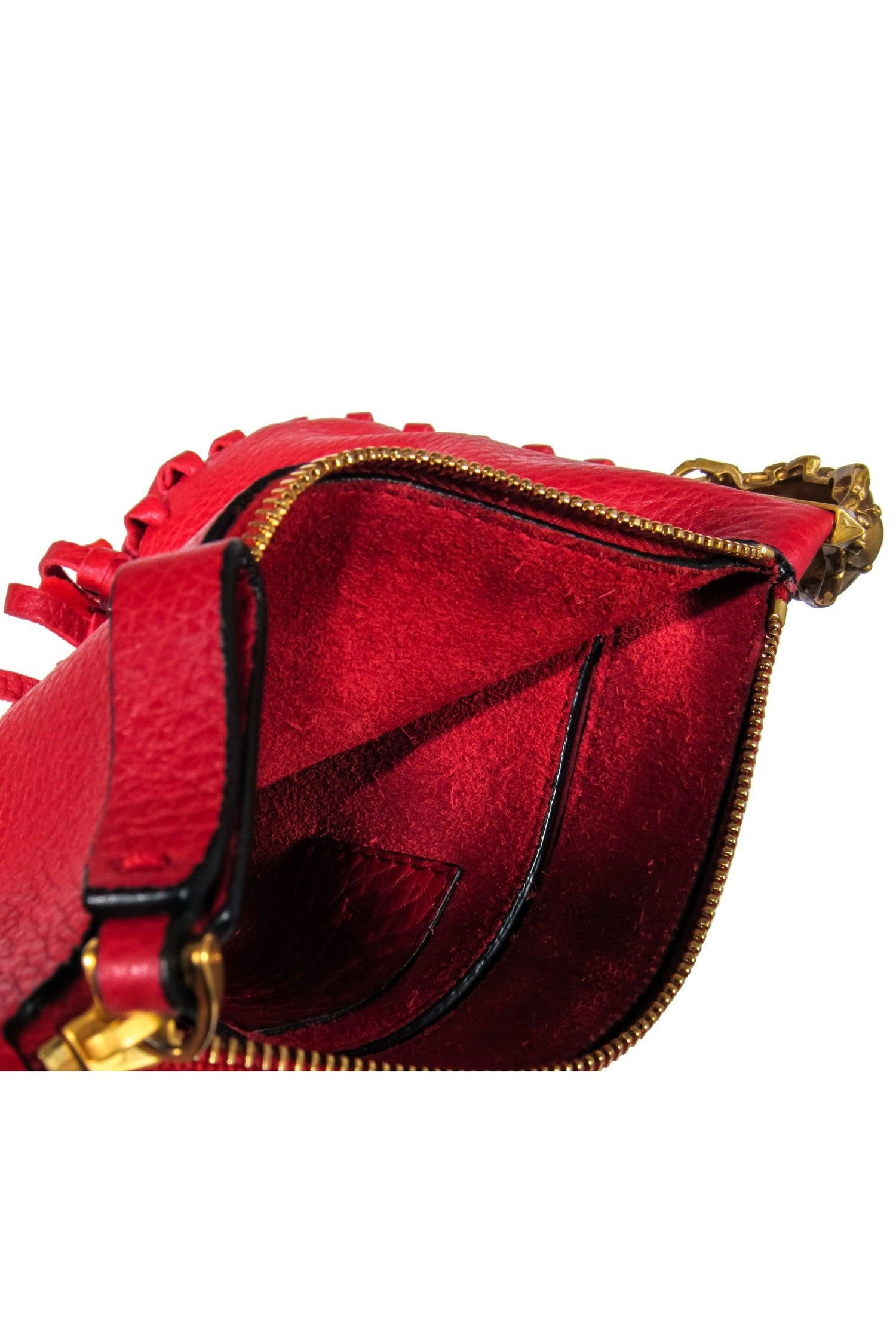 Valentino's Stunning Red Textured Leather Fringed Clutch with Beetle Handle