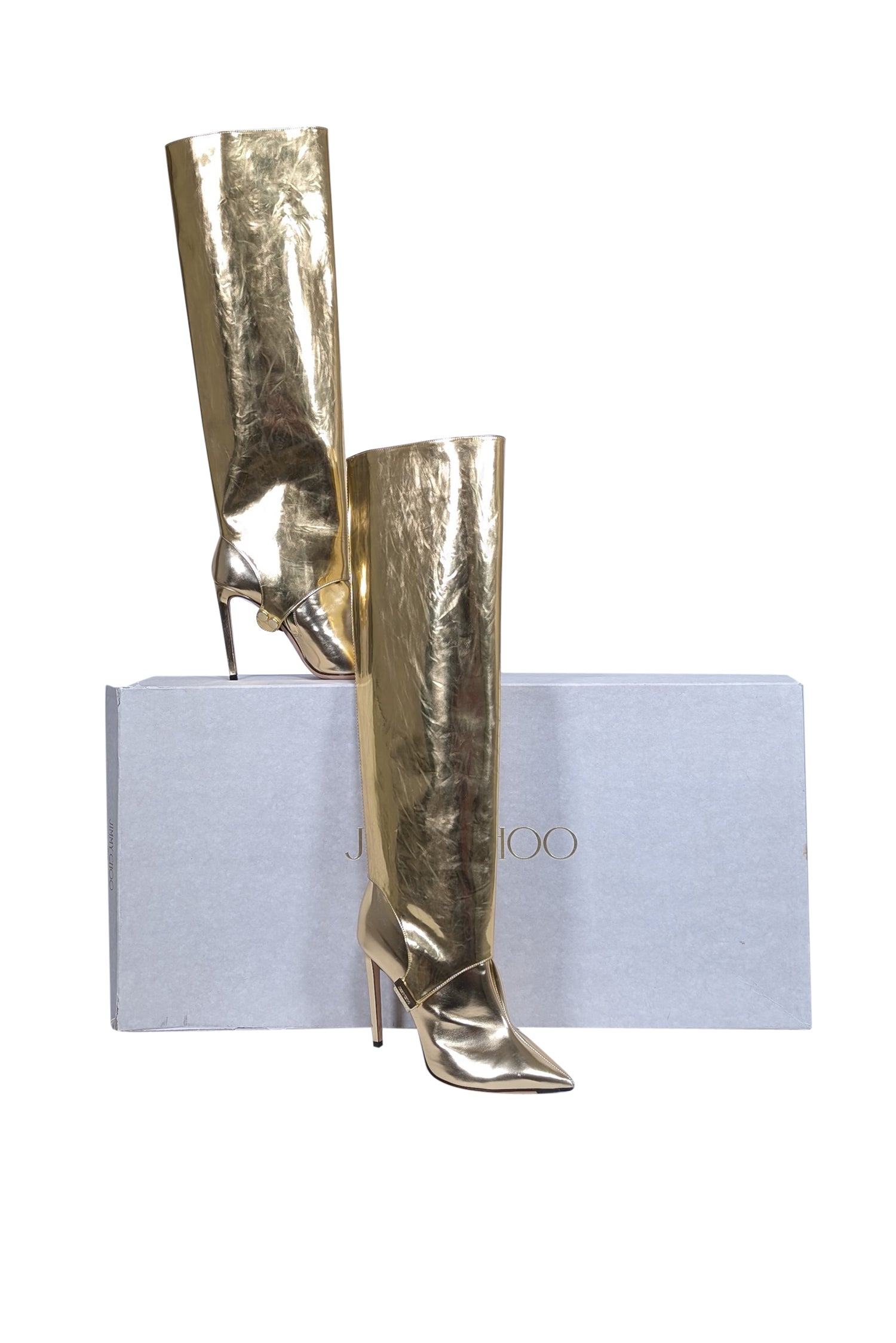 Jimmy Choo Gold Patent Leather Hurley Tall Boots - Size 10 with Detachable Shaft
