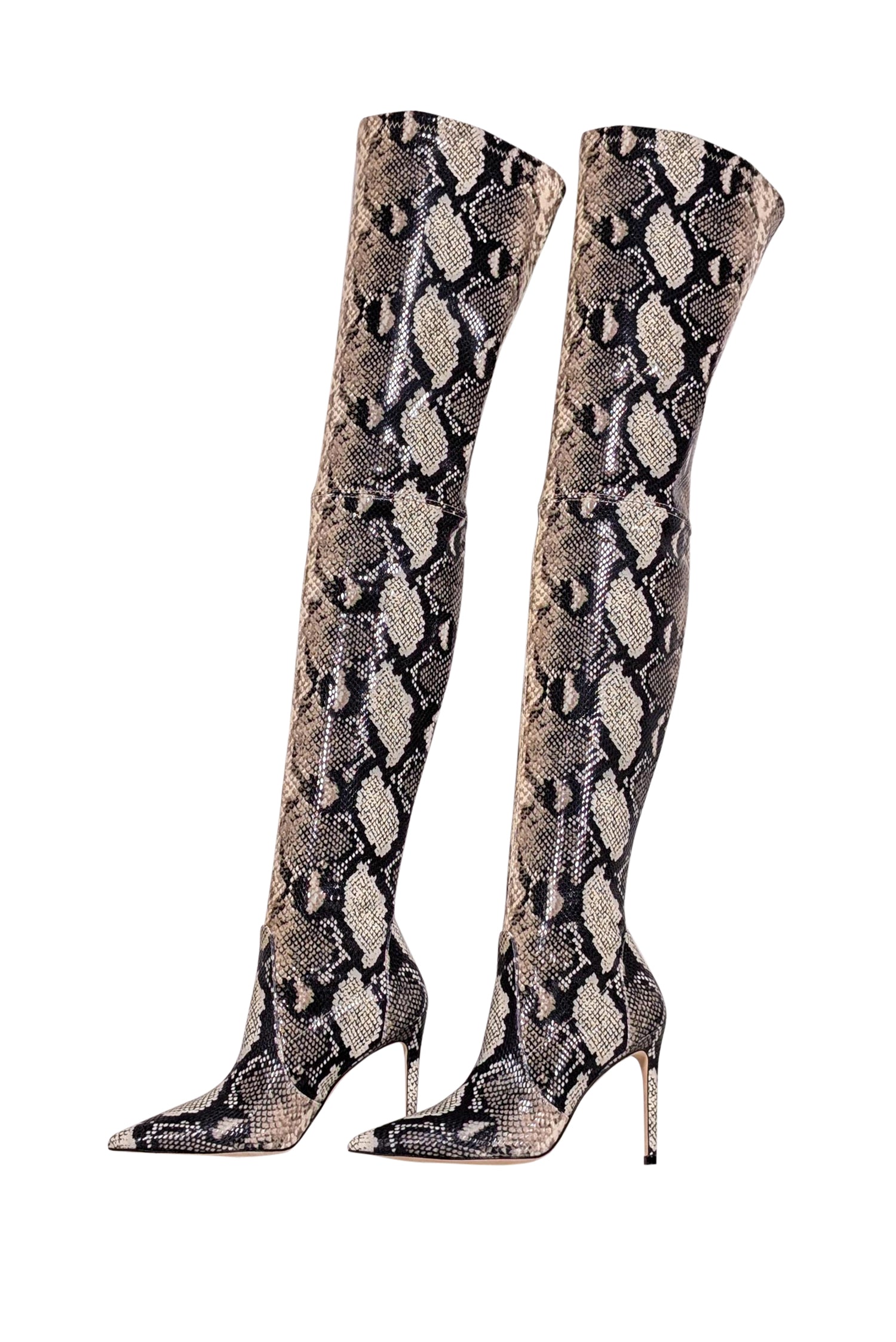 Stuart Weitzman - Stunning Beige & Black Snake Skin Print Heeled Tall Boots in Size 6.5