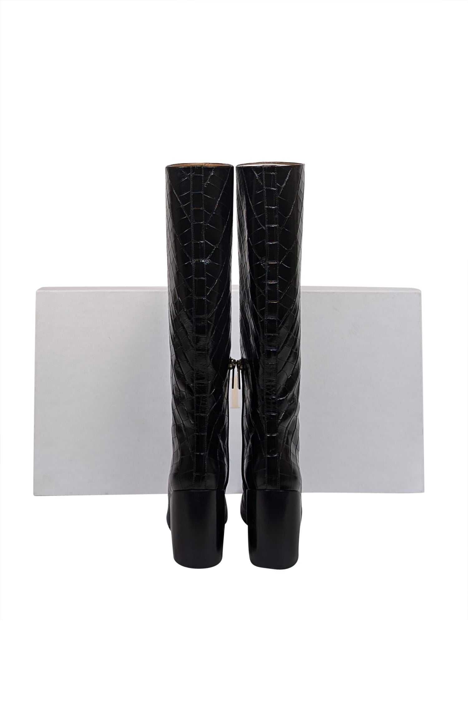 Chloe's Stunning Black Patent Croc Embossed Leather Tall Boots - Size 7.5
