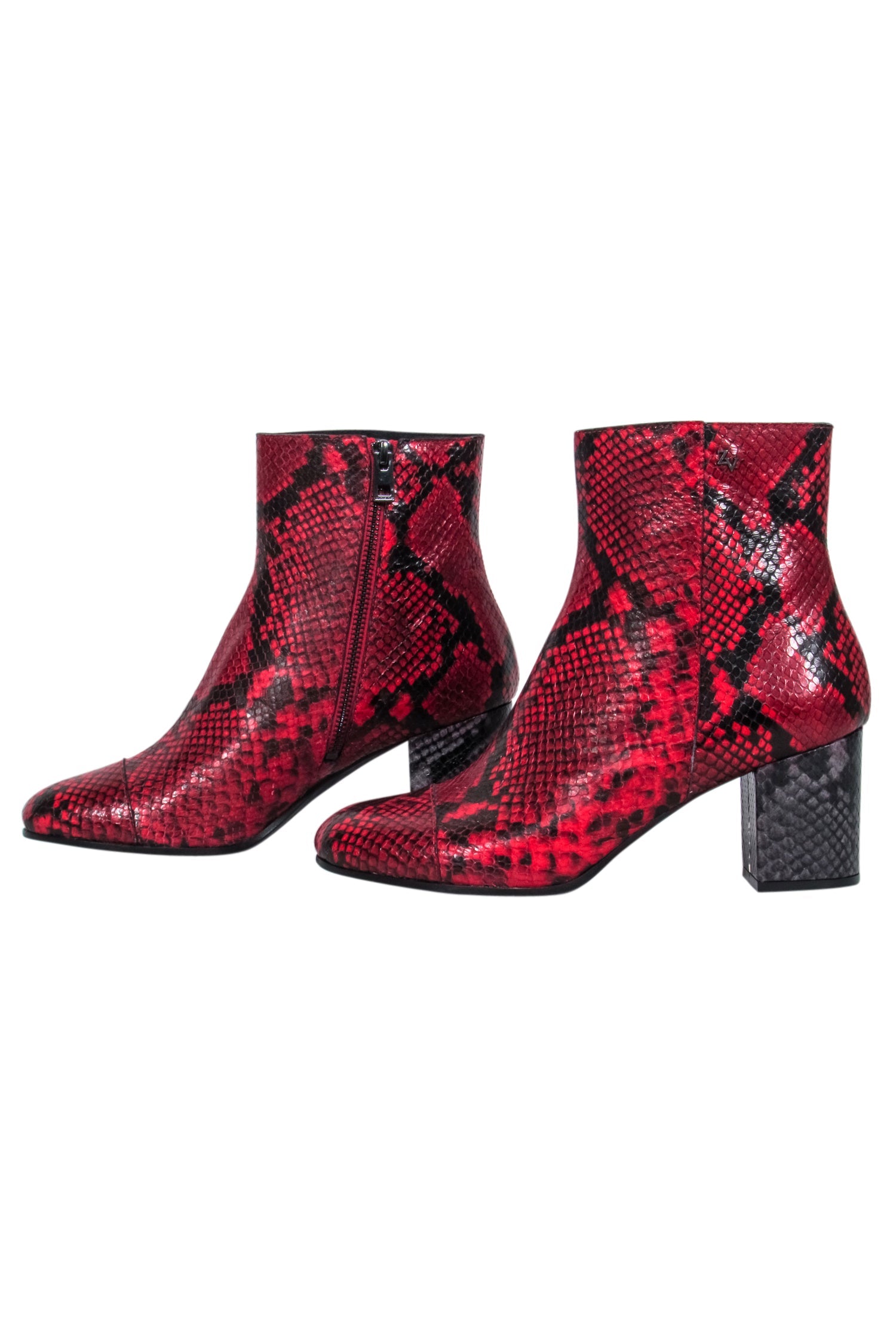 Zadig & Voltaire - Striking Red & Black Snake Skin Print Short Boots, Size 10
