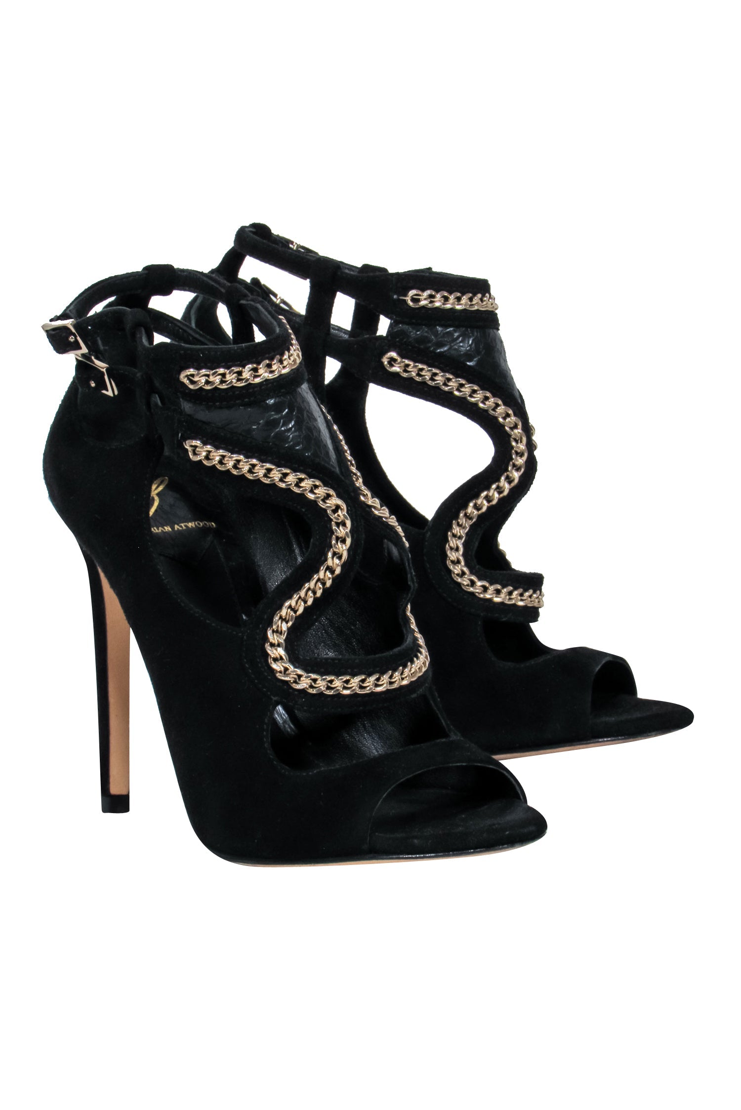 Brian Atwood Black Suede Strappy Peep - Toe Heels with Gold Chain: Unleash Your Inner Rockstar, Size 5.5