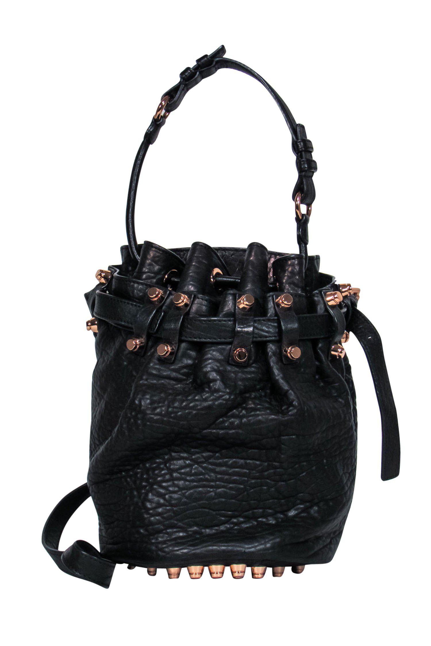 Alexander Wang's Stunning 'Diego' Black Textured Leather Bucket Bag with Rose Gold Studs