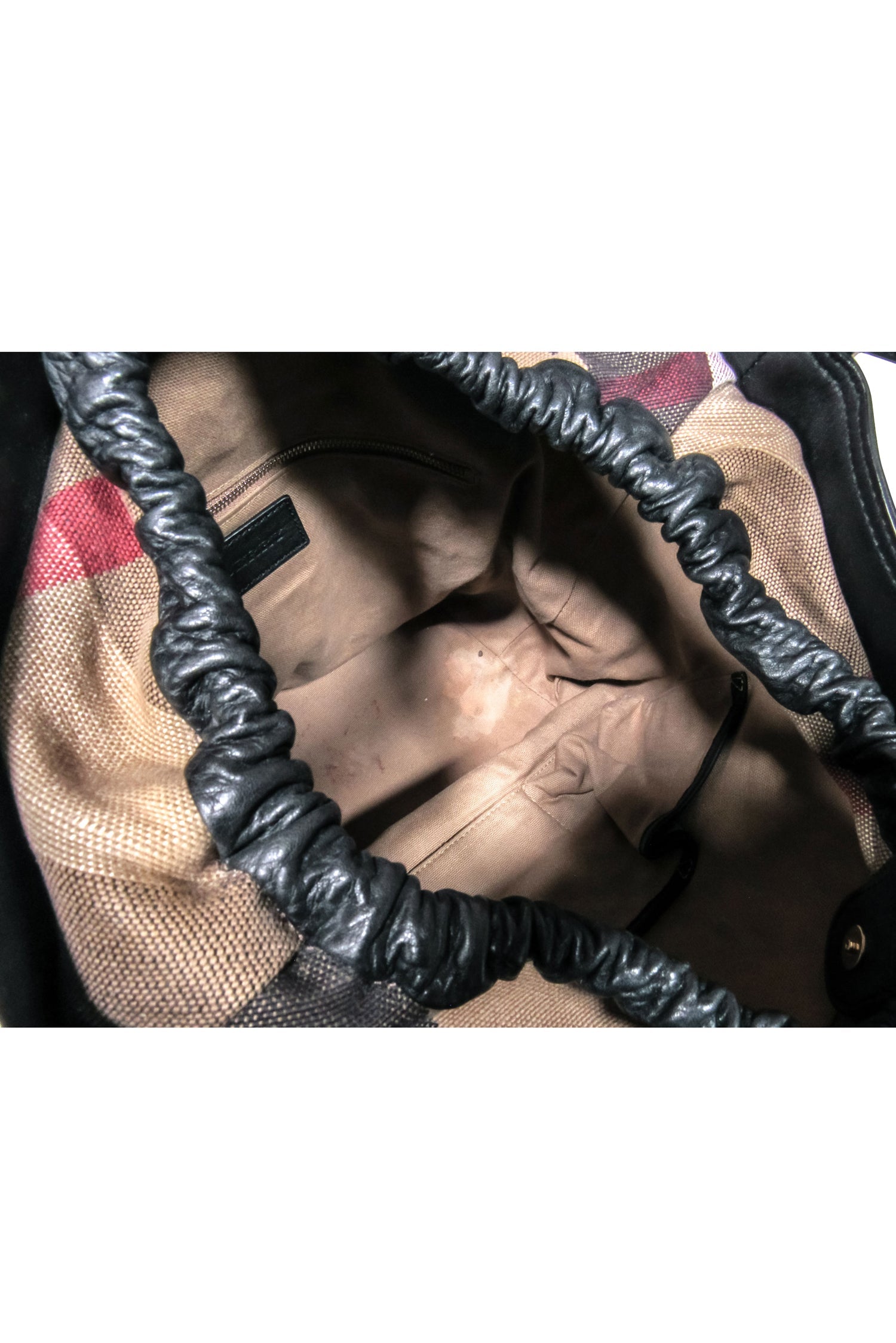 Burberry's Stunning Black Leather Large Bucket Bag with Signature Plaid Trim