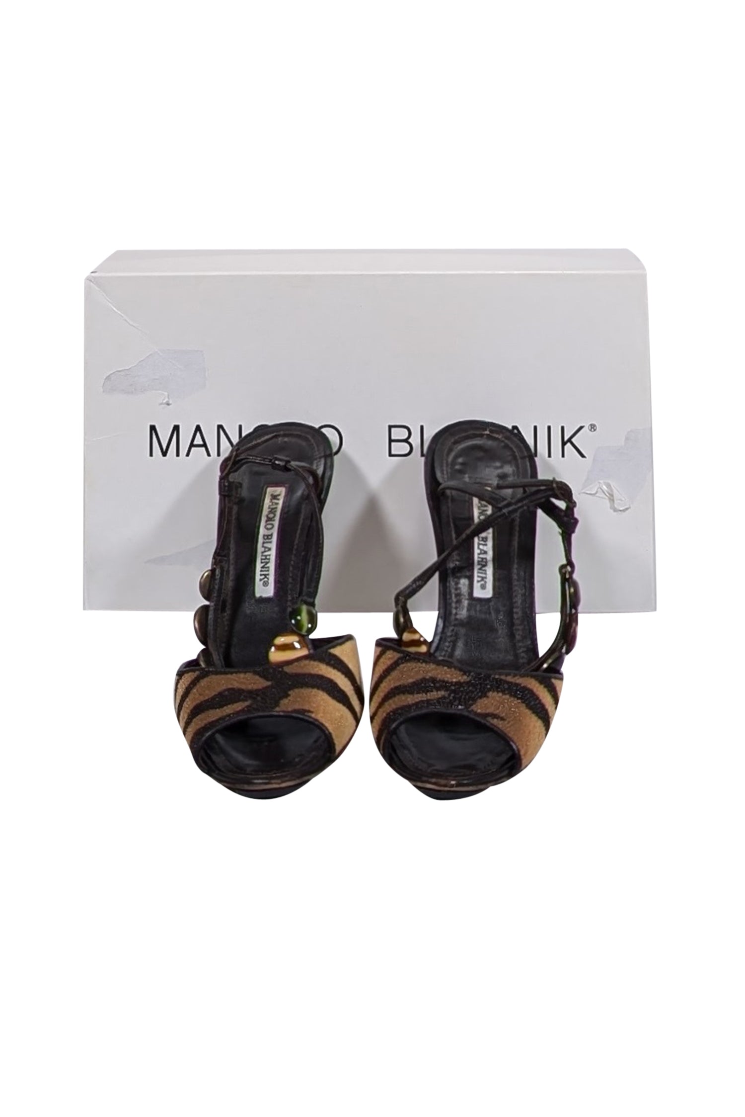 Manolo Blahnik - Stunning Brown & Beige Tiger Printed Stingray Leather Strappy Sandals in Size 7.5