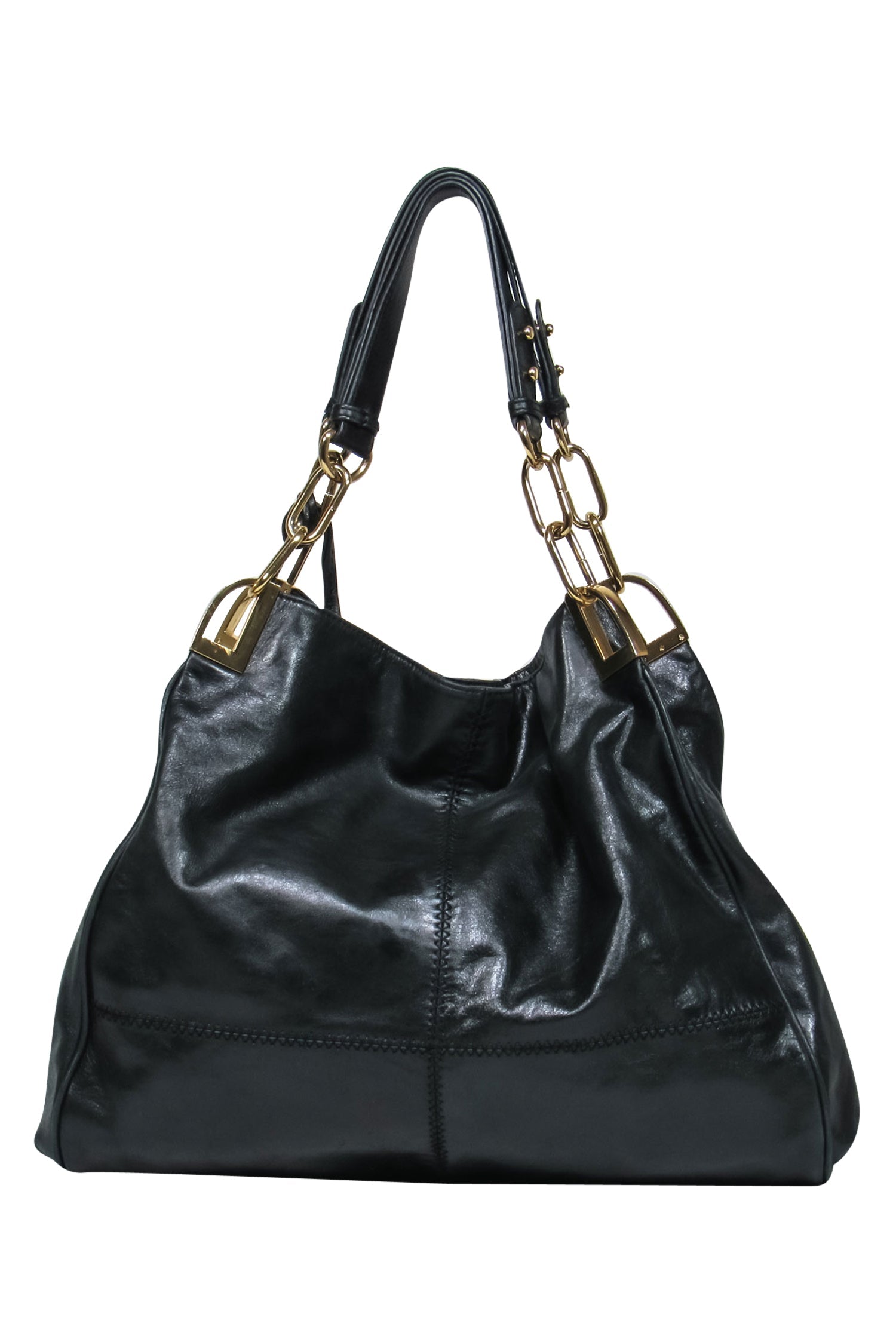 Badgley Mischka - Stunning Large Black Leather Shoulder Bag with Gorgeous Gold Hardware