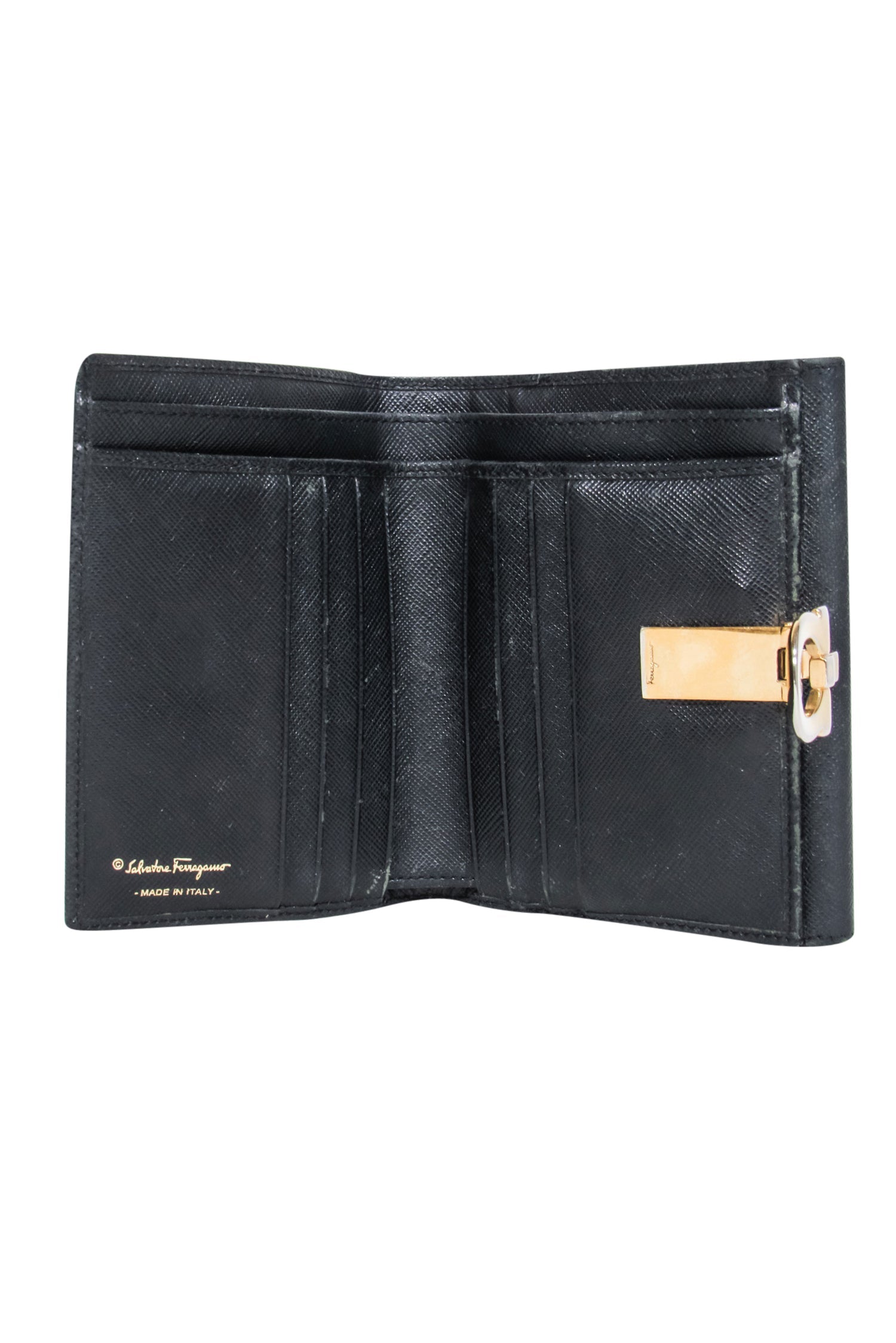 Ferragamo's Stunning Black Saffiano Leather Wallet with Gold Closure