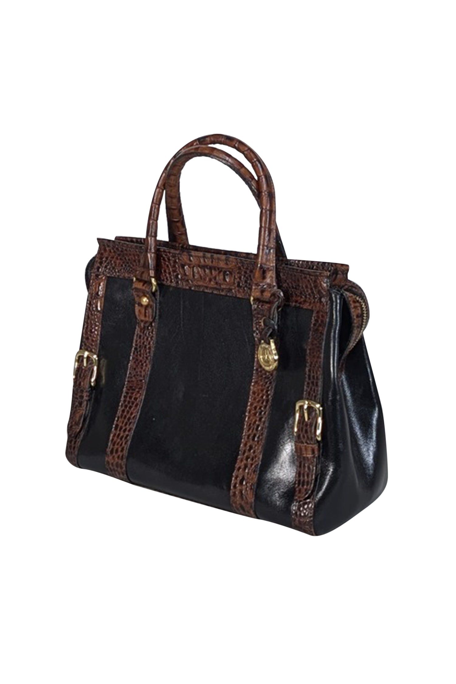 Brahmin - Stunning Black Leather Handbag with Brown Croc - Embossed Trim