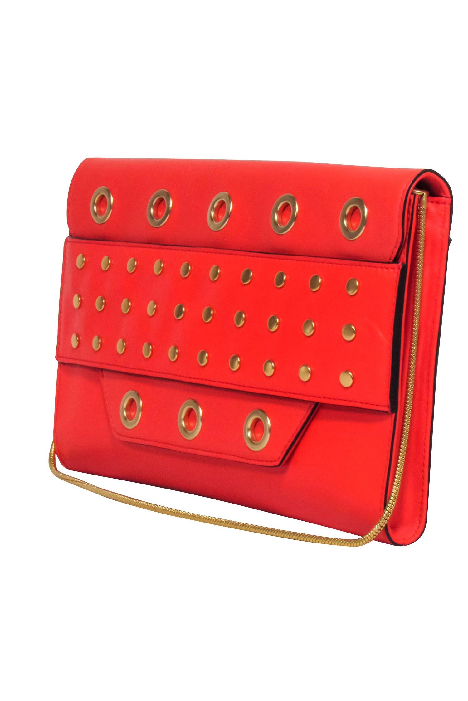 Milly Red Leather Clutch with Gold Grommets and Chain Strap - A Bold Fashion Statement