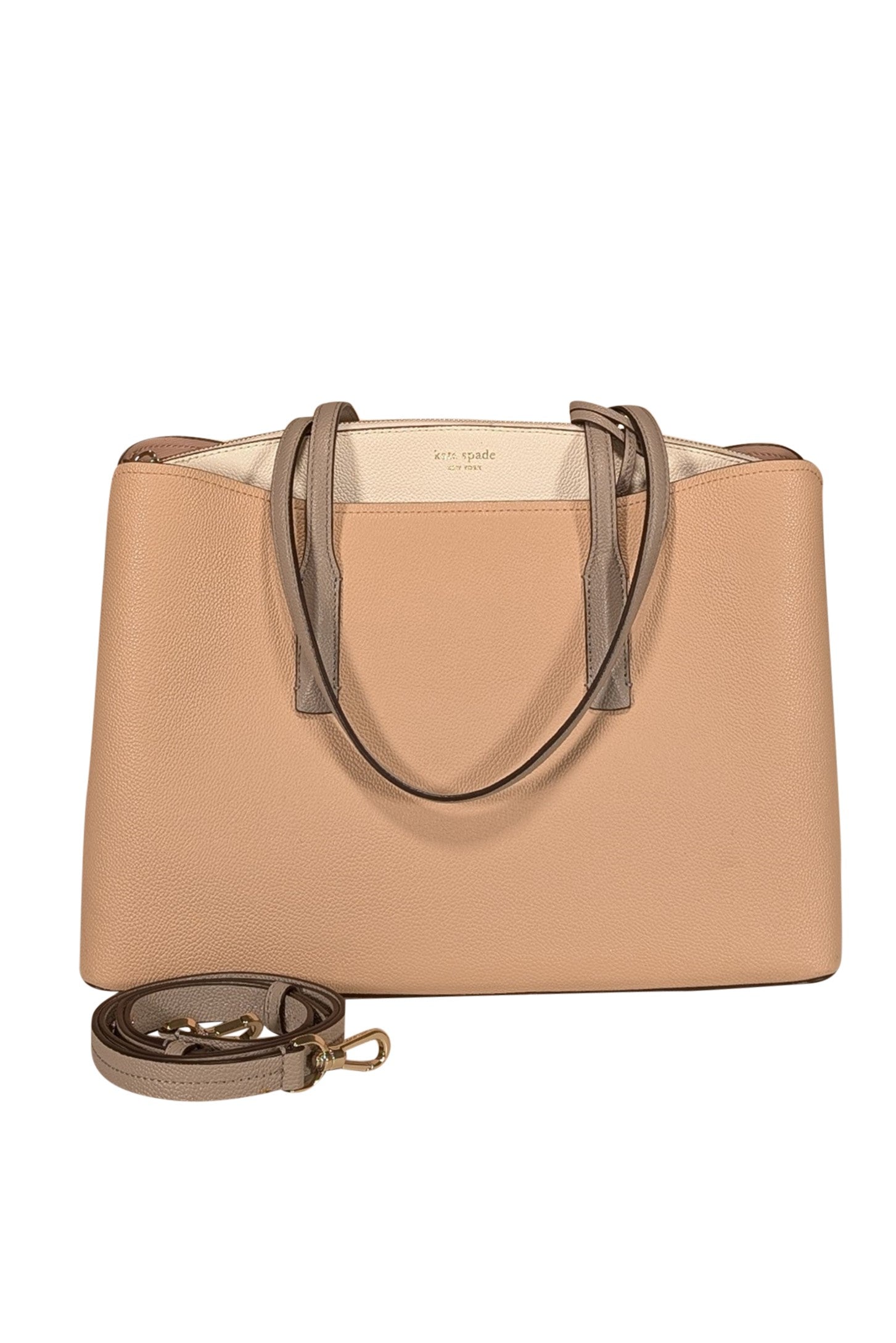 Kate Spade Elegant Beige, White & Grey Leather Large Tote Bag