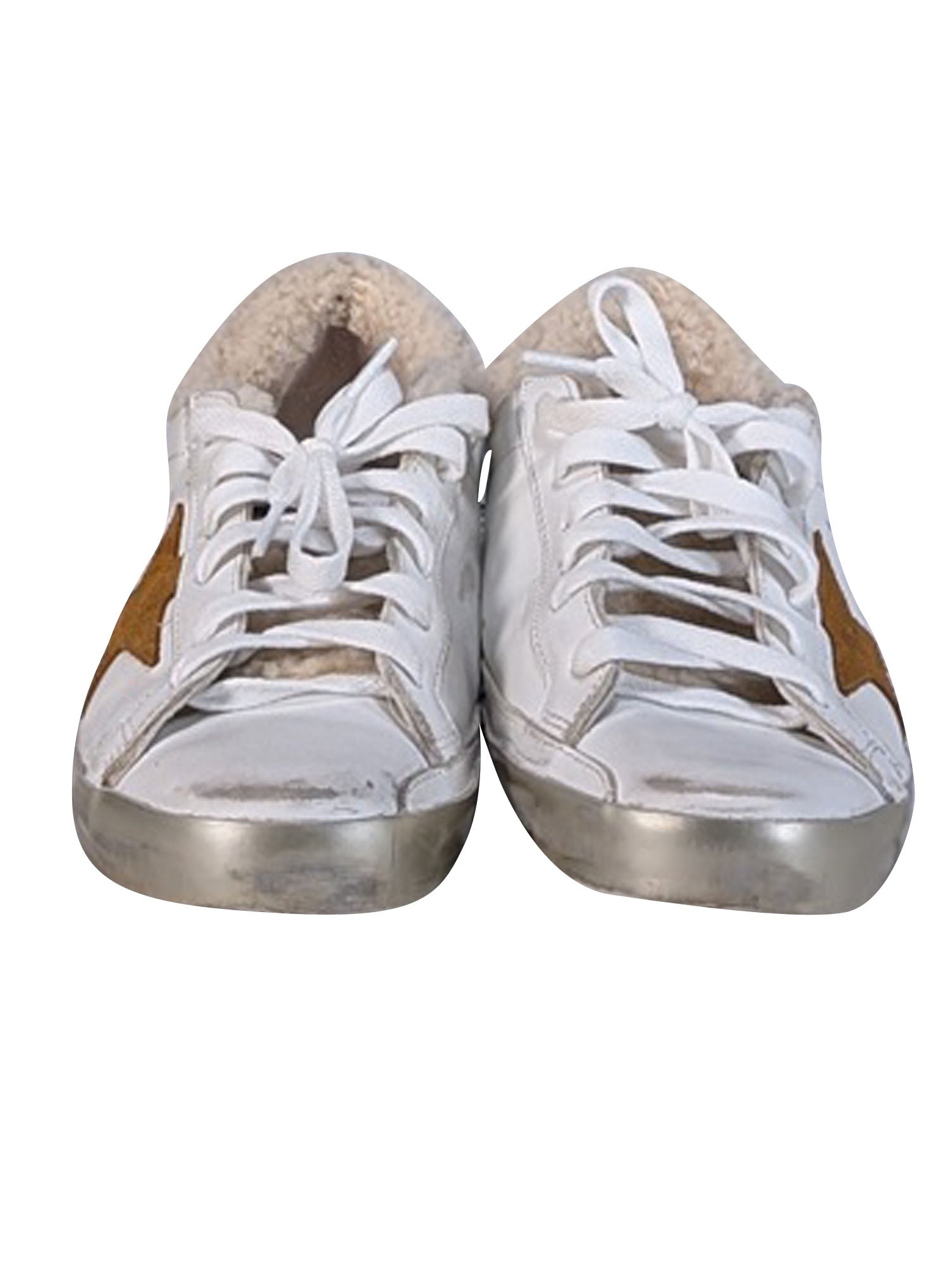 Golden Goose Ivory Leather Super-Star Sneakers with Tan Star & Shearling Trim - Size 9