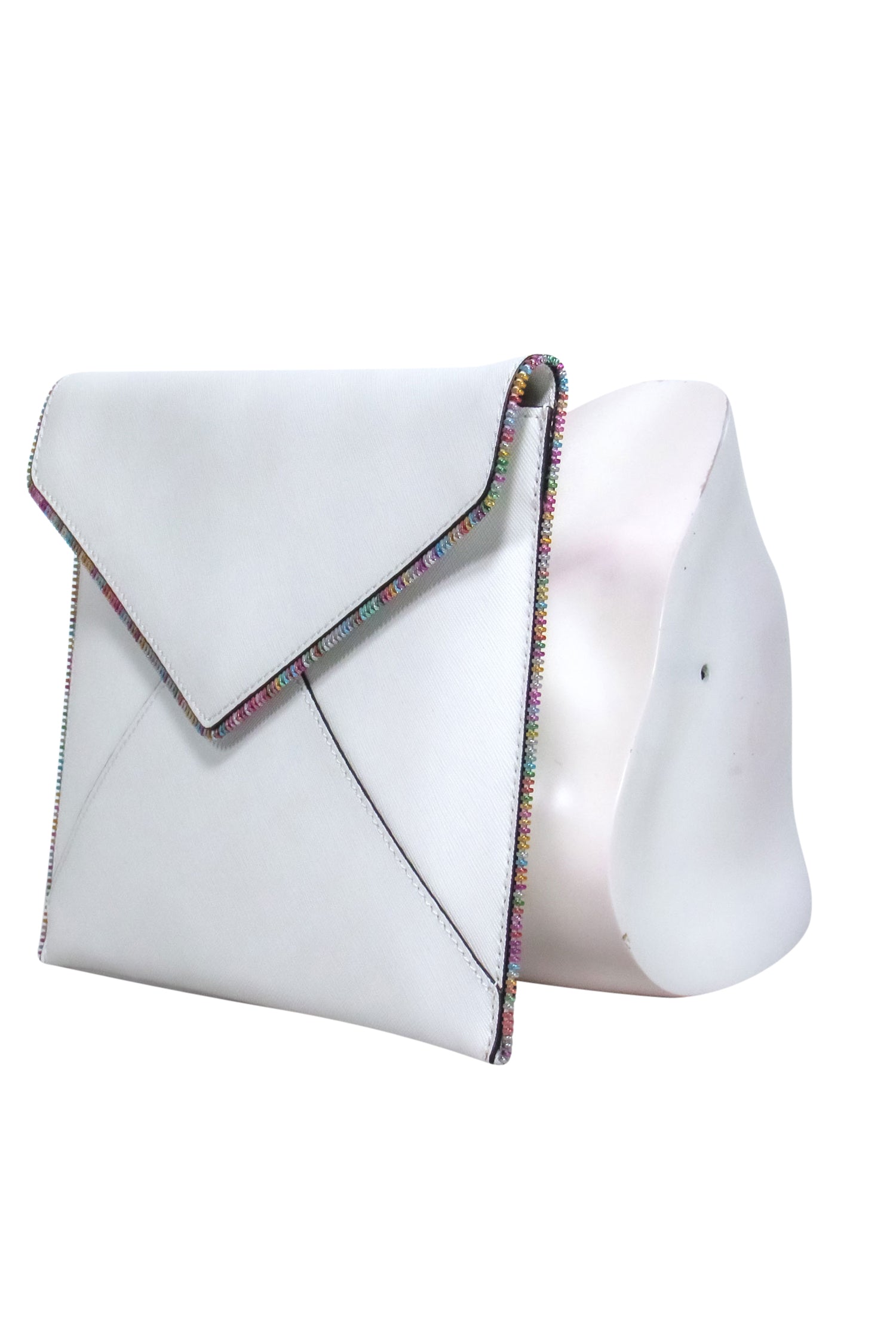 Rebecca Minkoff's Stunning White Textured Leather Leo Envelope Clutch with Rainbow Zipper Trim