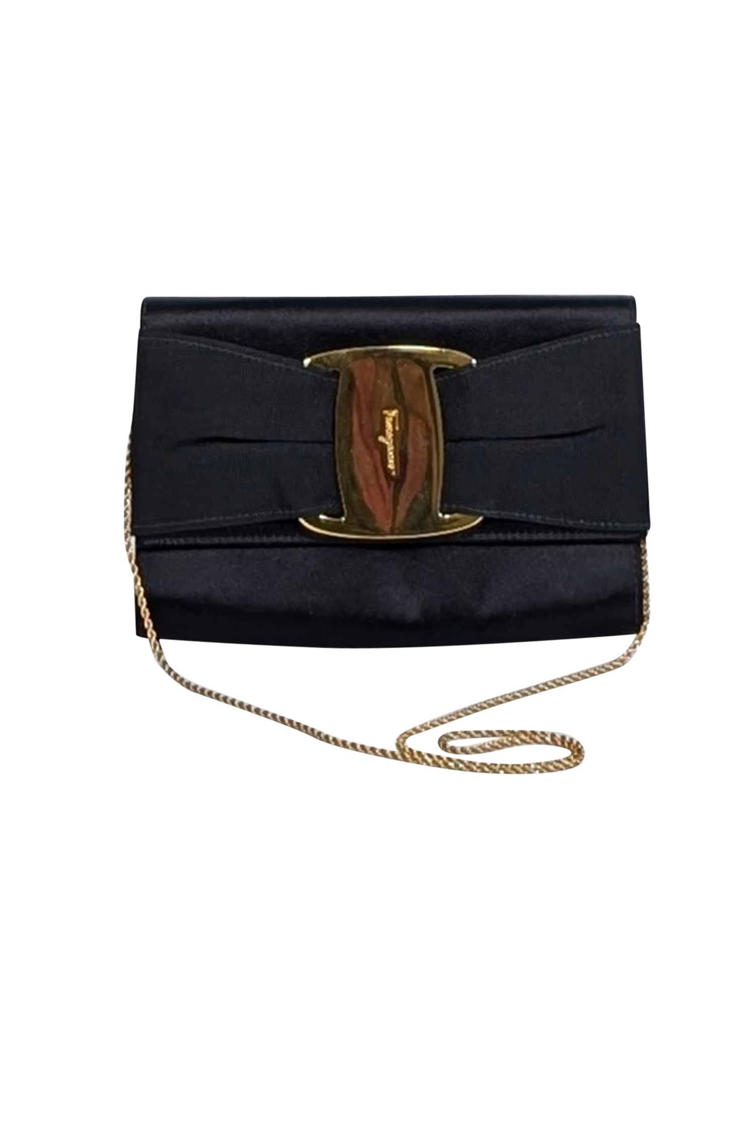 Ferragamo's Chic Black Satin Bow Front Clutch with Thin Gold Chain Strap