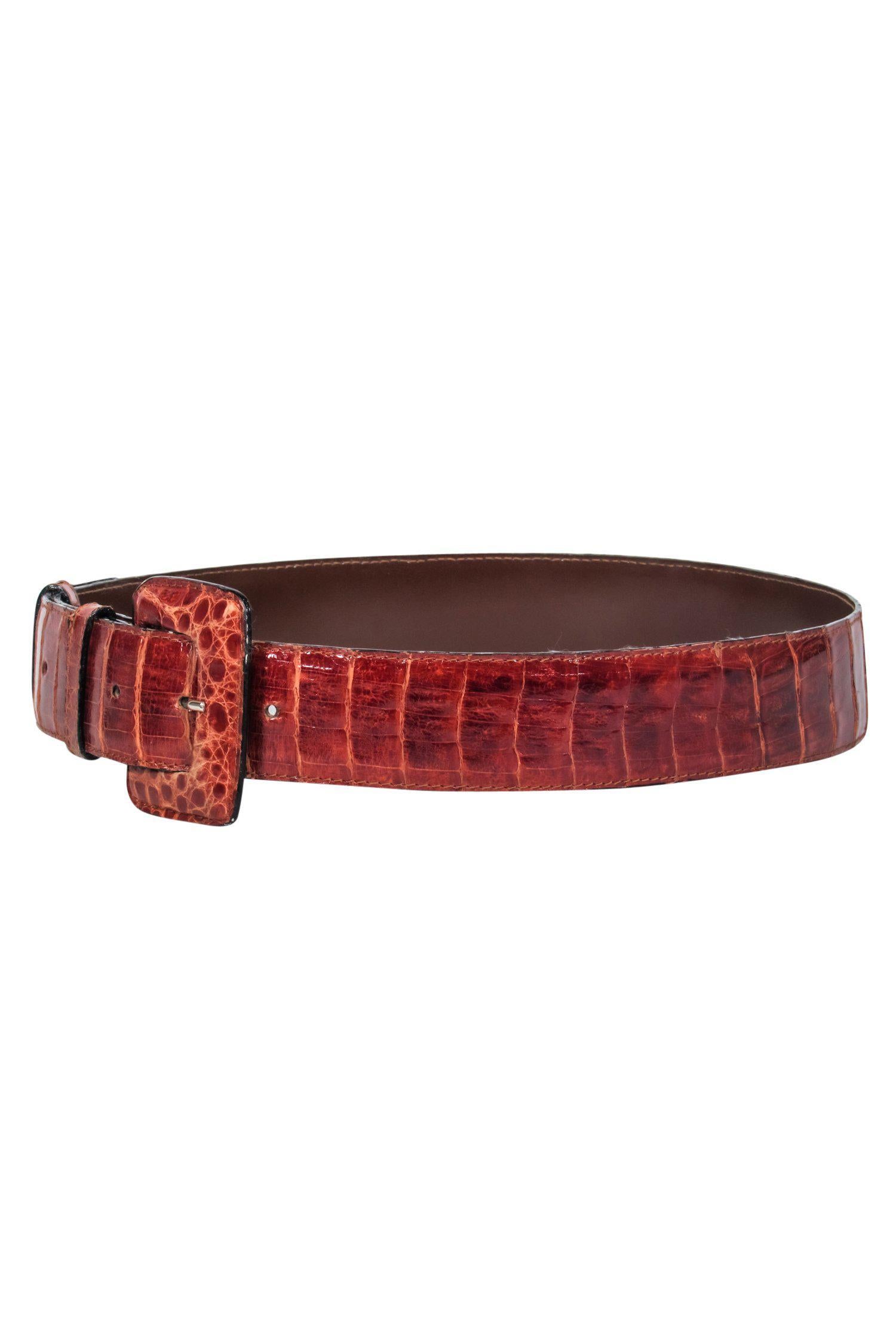Saks Fifth Avenue - Stunning Warm Brown Crocodile Square Buckle Belt in Size M
