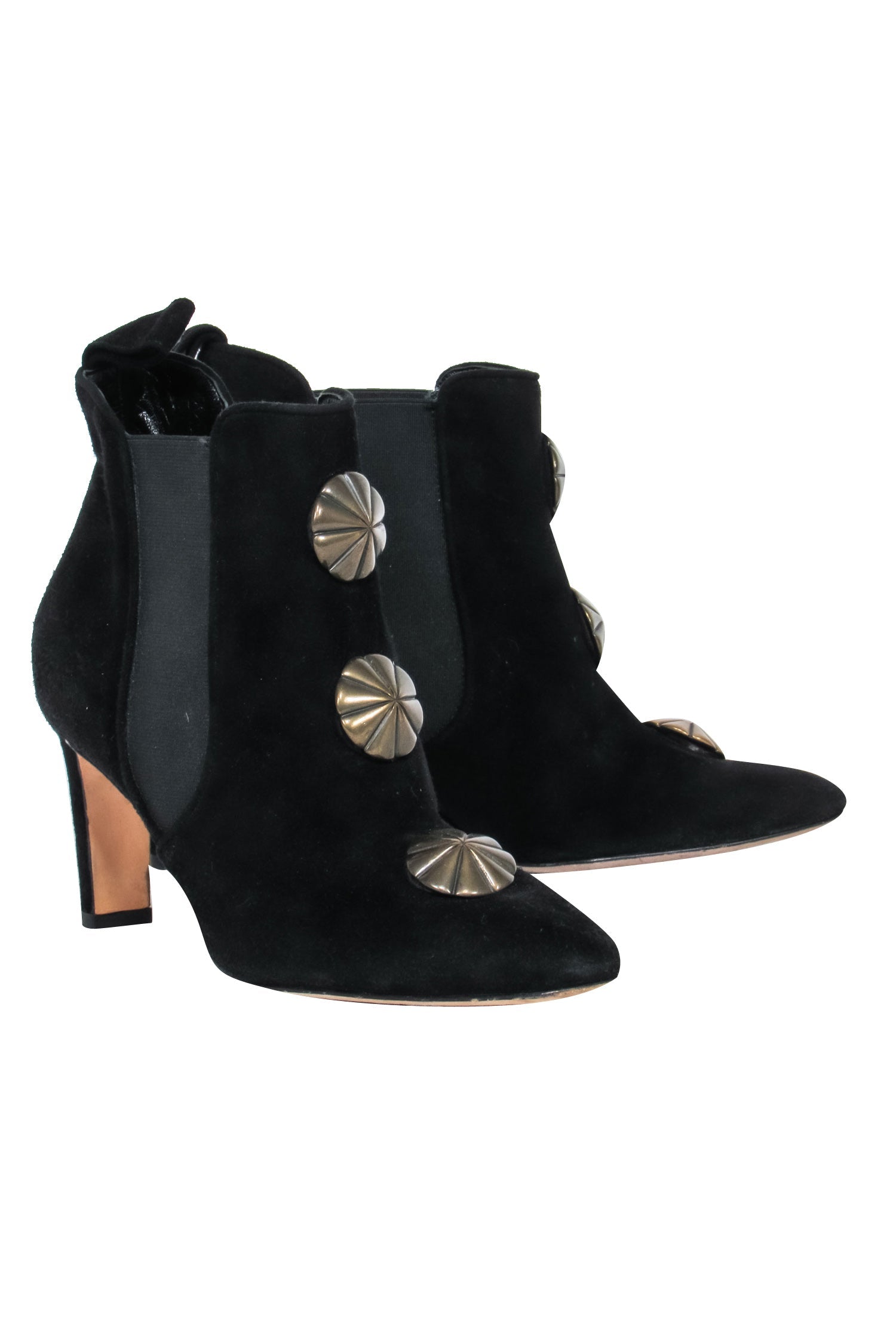 Manolo Blahnik Black Suede Ankle Boots with Gold Scalloped Motif - Size 7