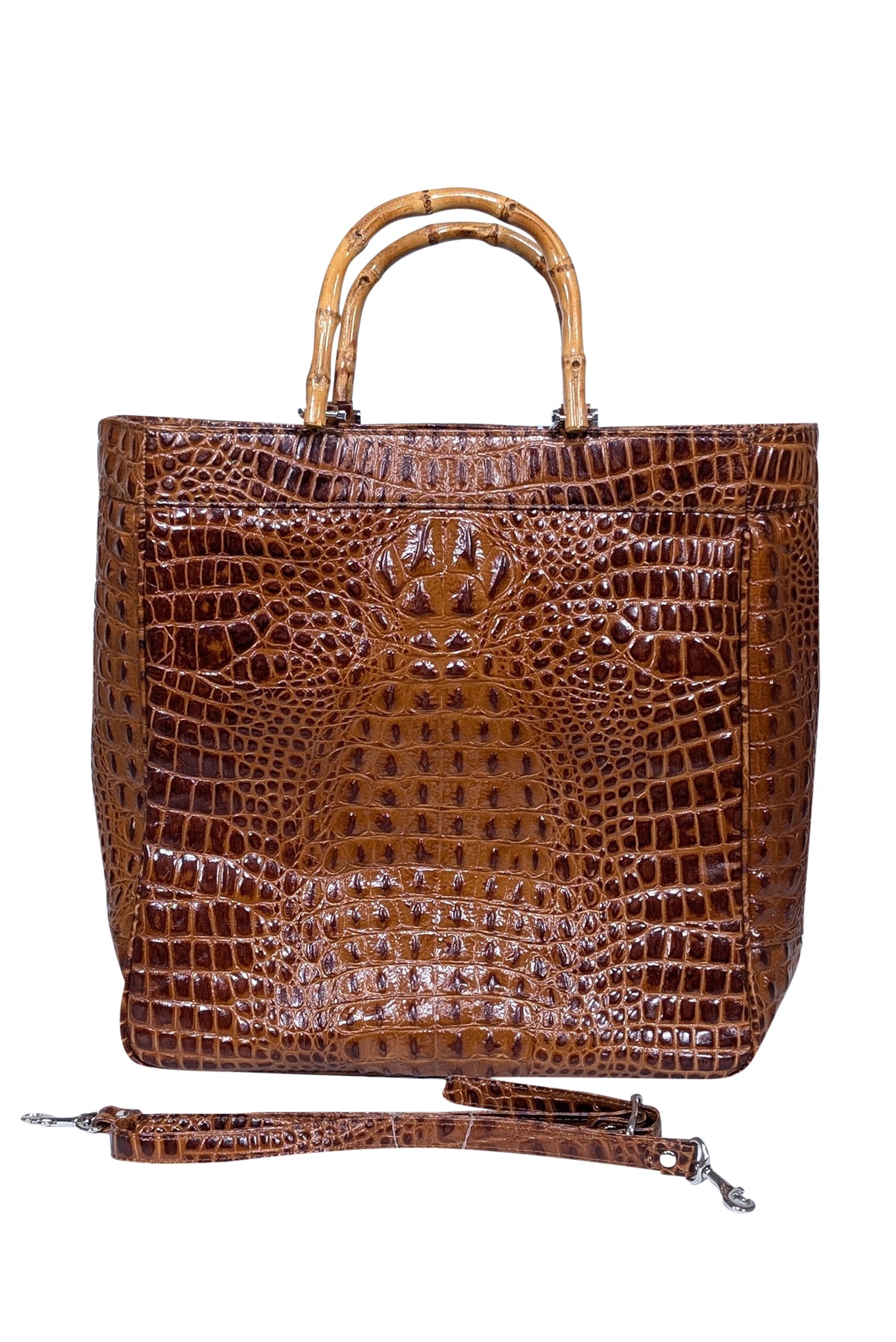 Eric Brand's Stunning Brown Croc-Embossed Tote with Bamboo Handles and Detachable Strap