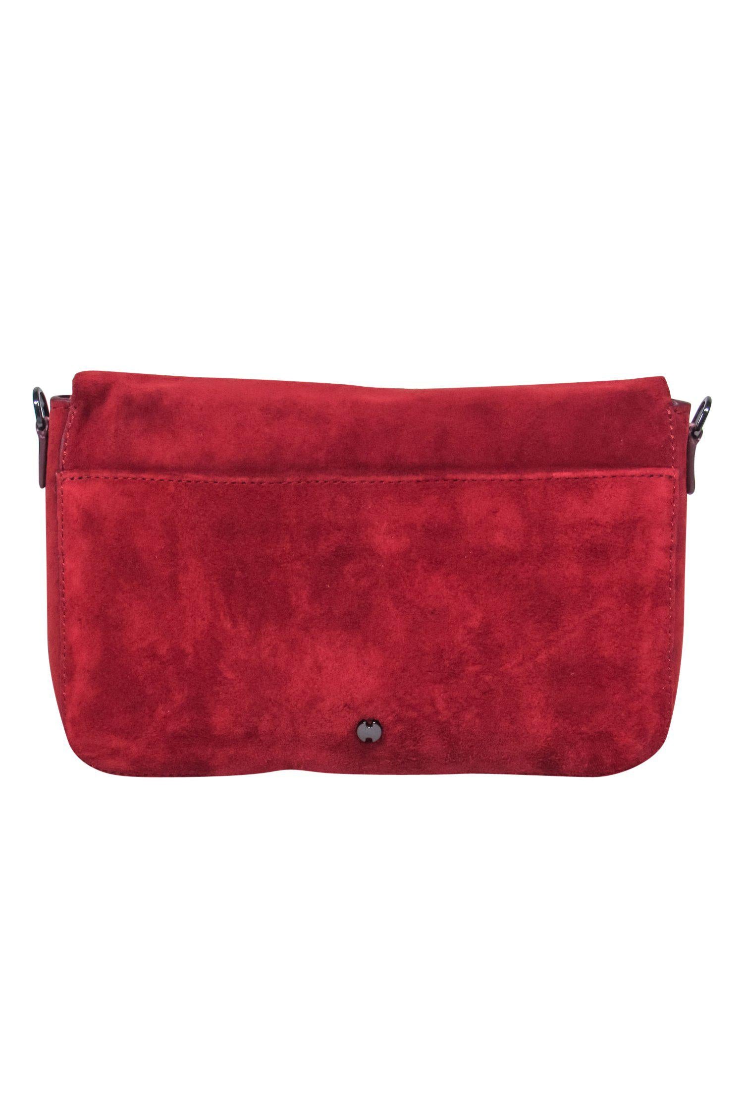 Halston's Brick Red Suede Fold-Over Gunmetal Chain Crossbody - A Luxurious Must-Have!