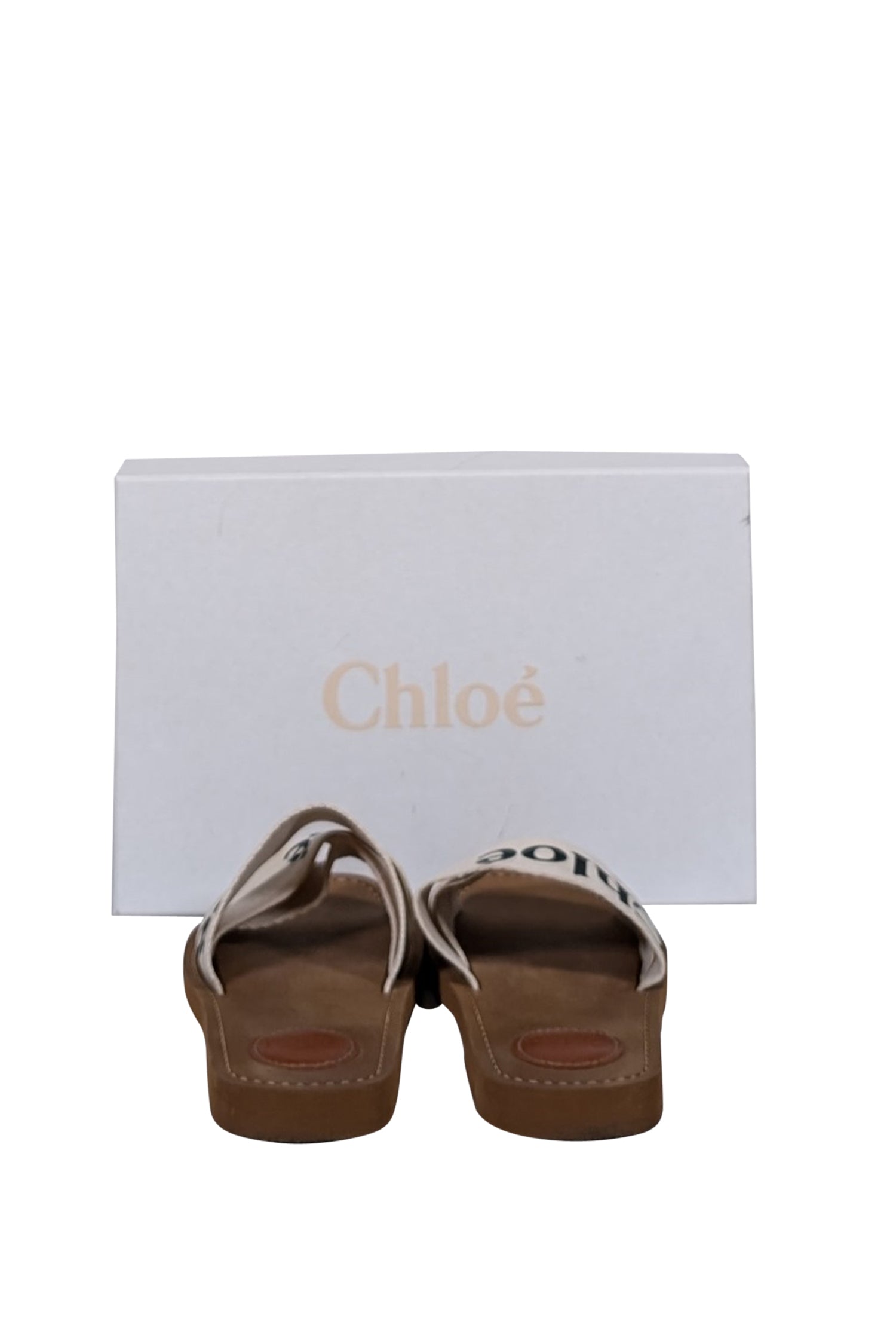 Chloe - Stylish White Woody Logo Ribbon Slide Sandals in Size 7