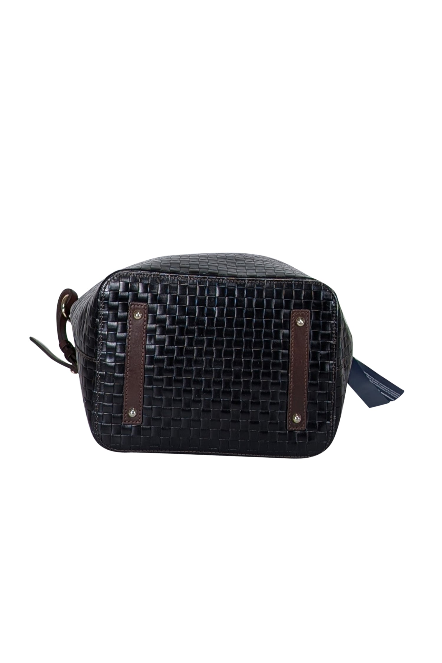 Dooney & Bourke's Stunning Black Woven Leather Bucket Bag with Brown Trim