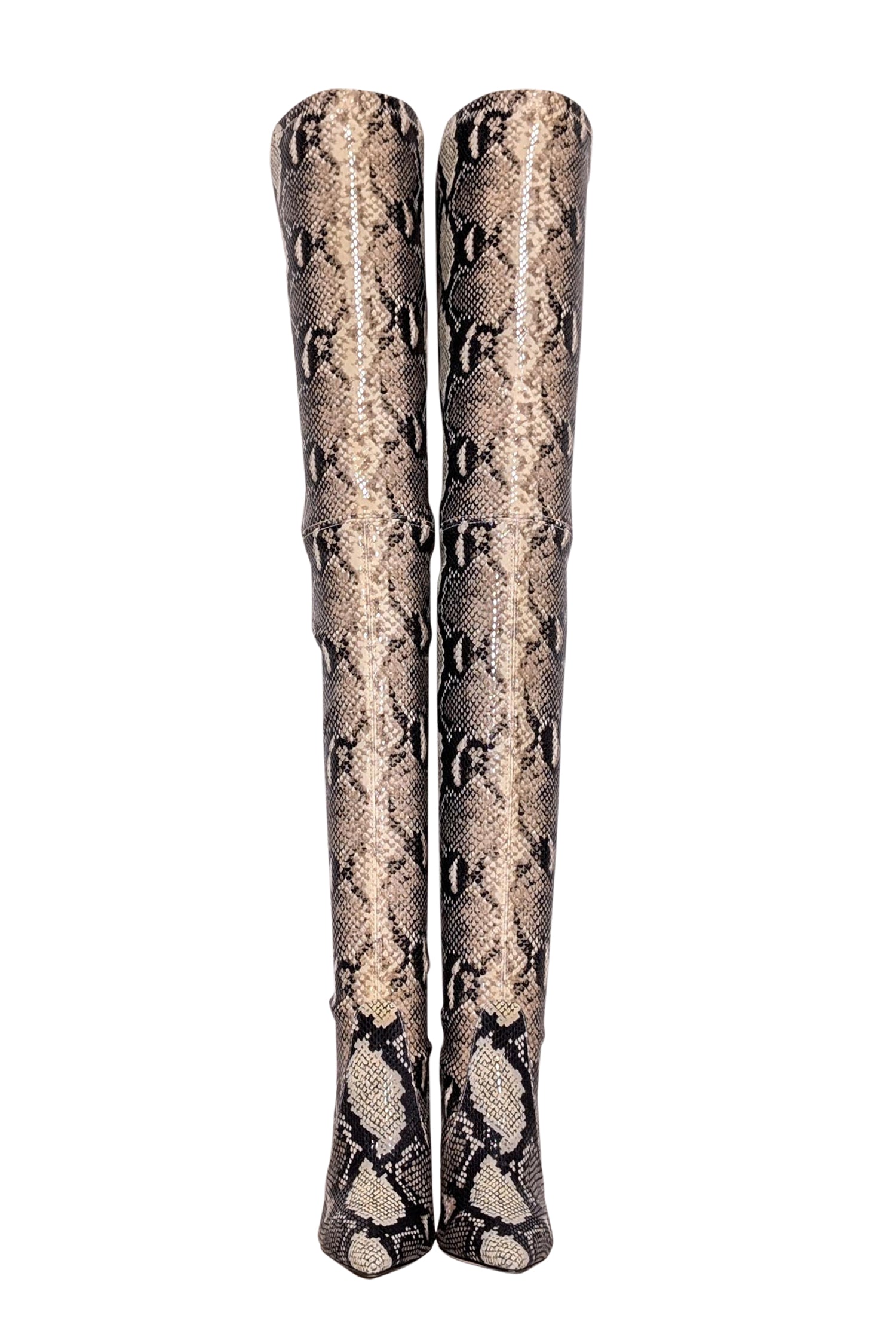Stuart Weitzman - Stunning Beige & Black Snake Skin Print Heeled Tall Boots in Size 6.5