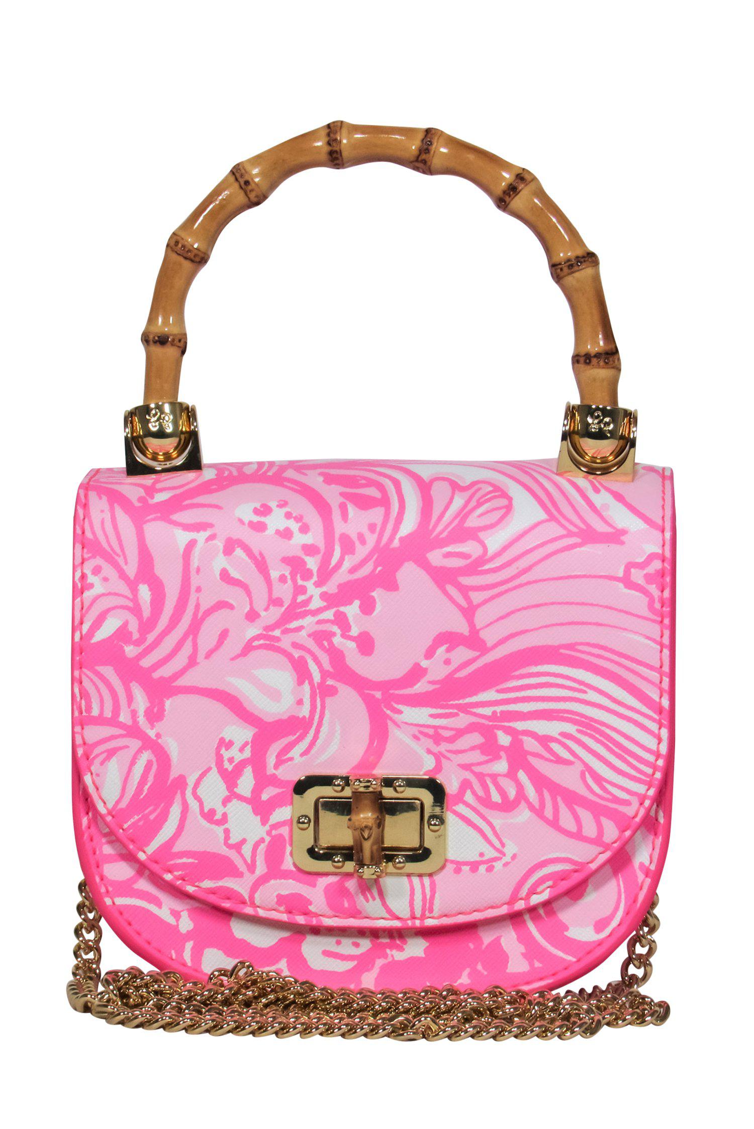Lilly Pulitzer's Tropical Paradise: Pink Floral Leather Crossbody with Gold Chain and Faux Bamboo Handle