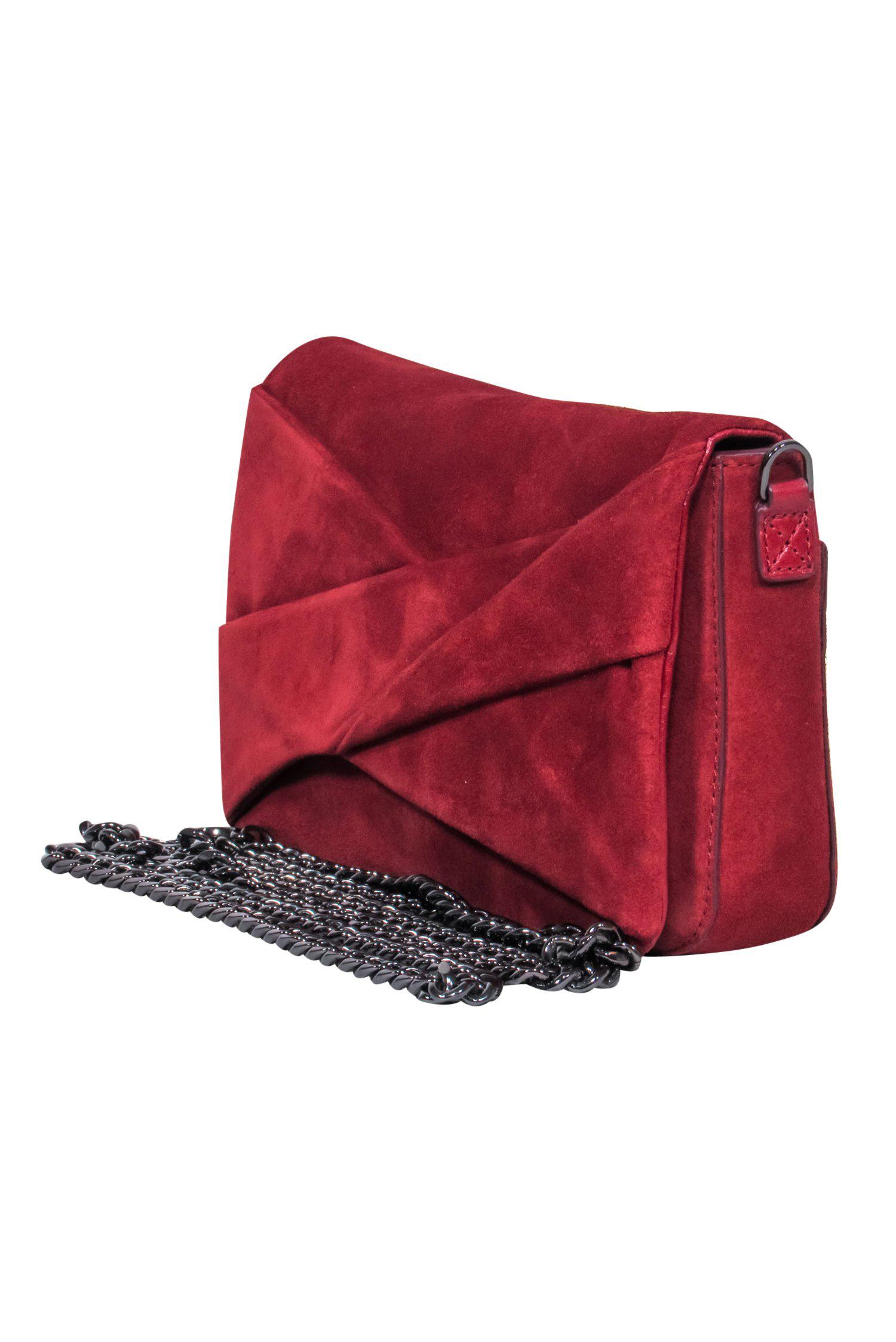 Halston's Brick Red Suede Fold-Over Gunmetal Chain Crossbody - A Luxurious Must-Have!