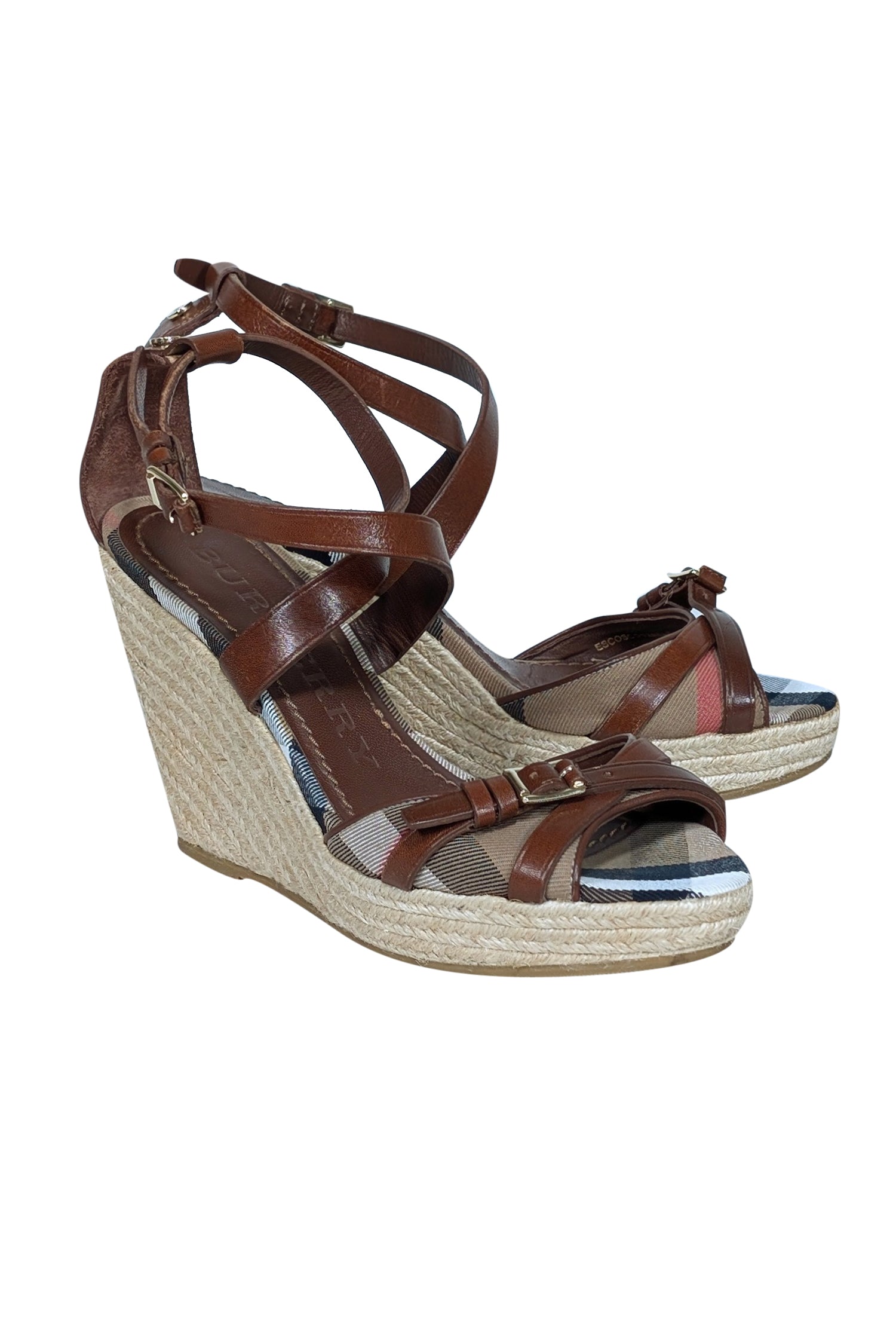 Burberry Tan Signature Plaid Peep-Toe Wedges with Buckle Trim - Size 9.5