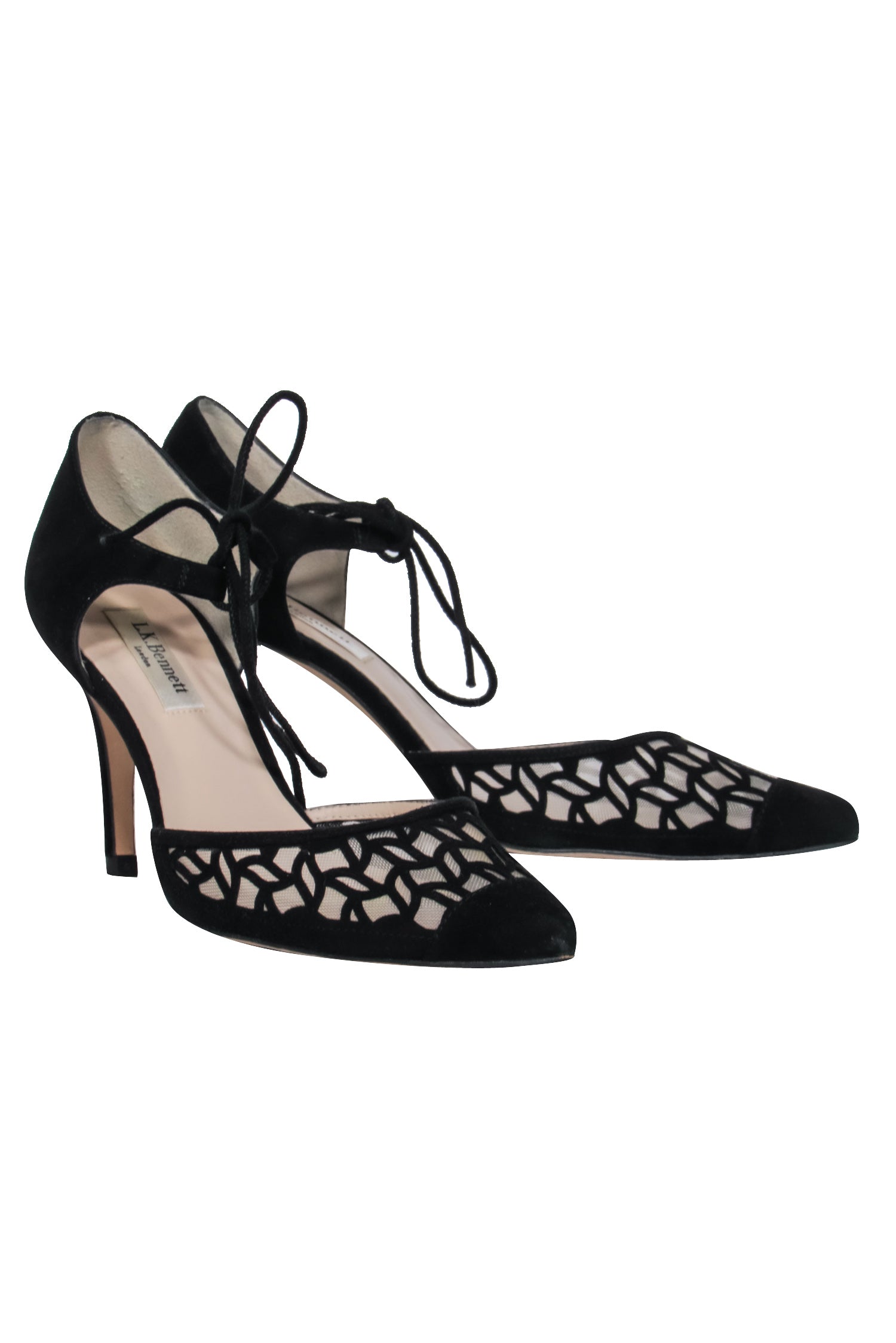 L.K. Bennett Black Suede Lattice Pointy Toe Pumps - Size 9.5 - Must-Have Elegance!
