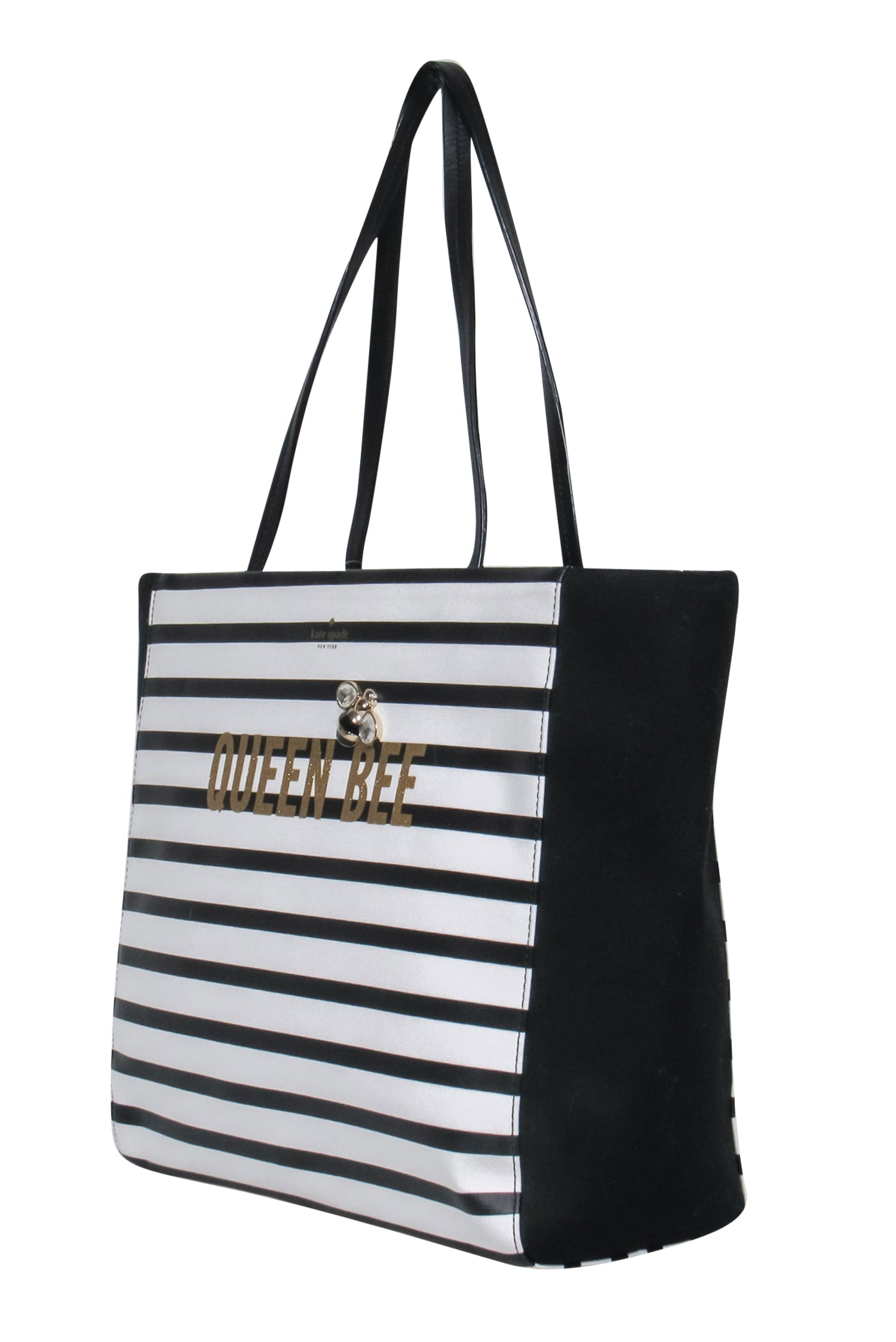 Kate Spade Queen Bee Hallie Tote: Black & White Stripes with Jeweled Bee