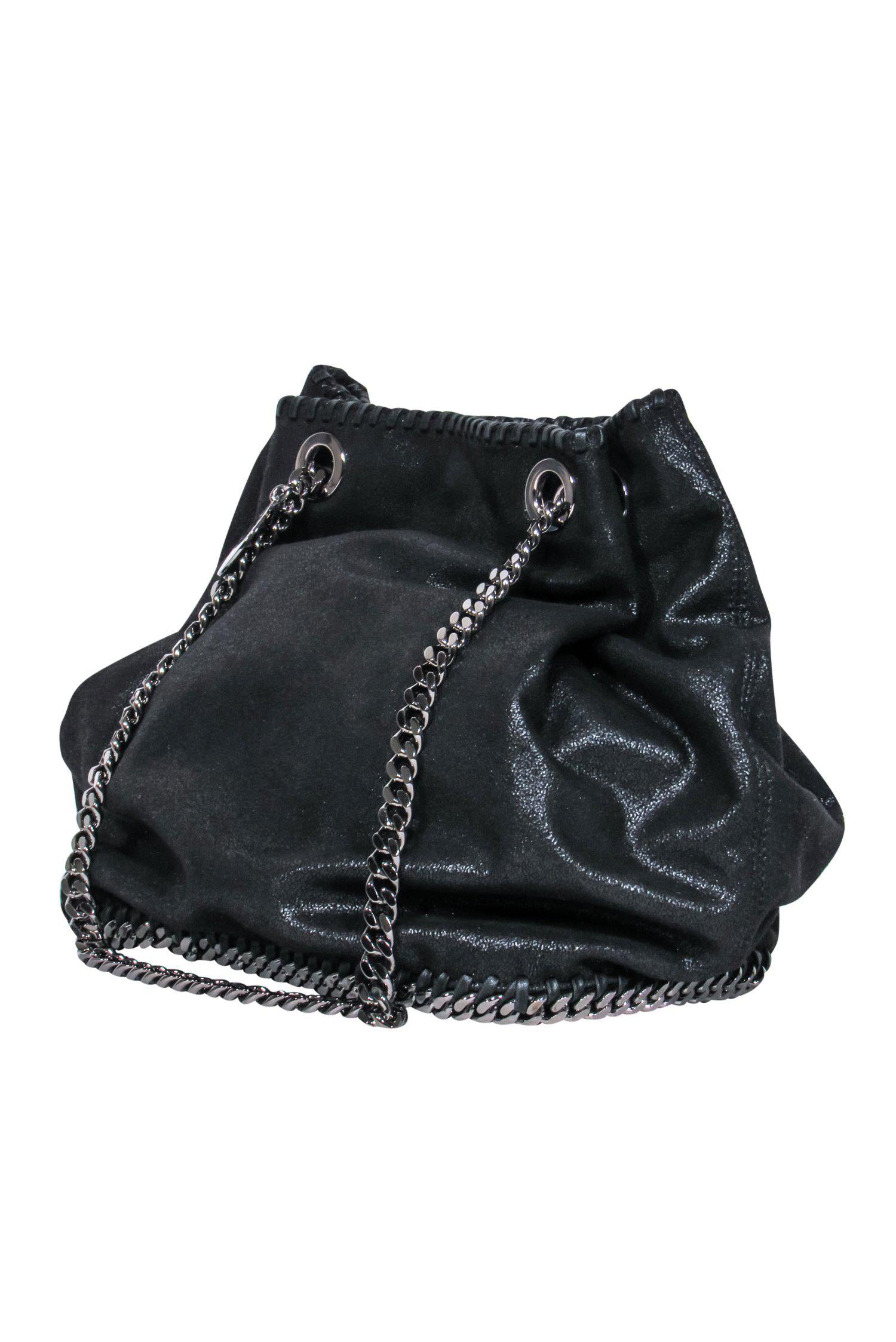 Stella McCartney's Stunning Black Vegan Suede Falabella Chain Strap Bucket Bag