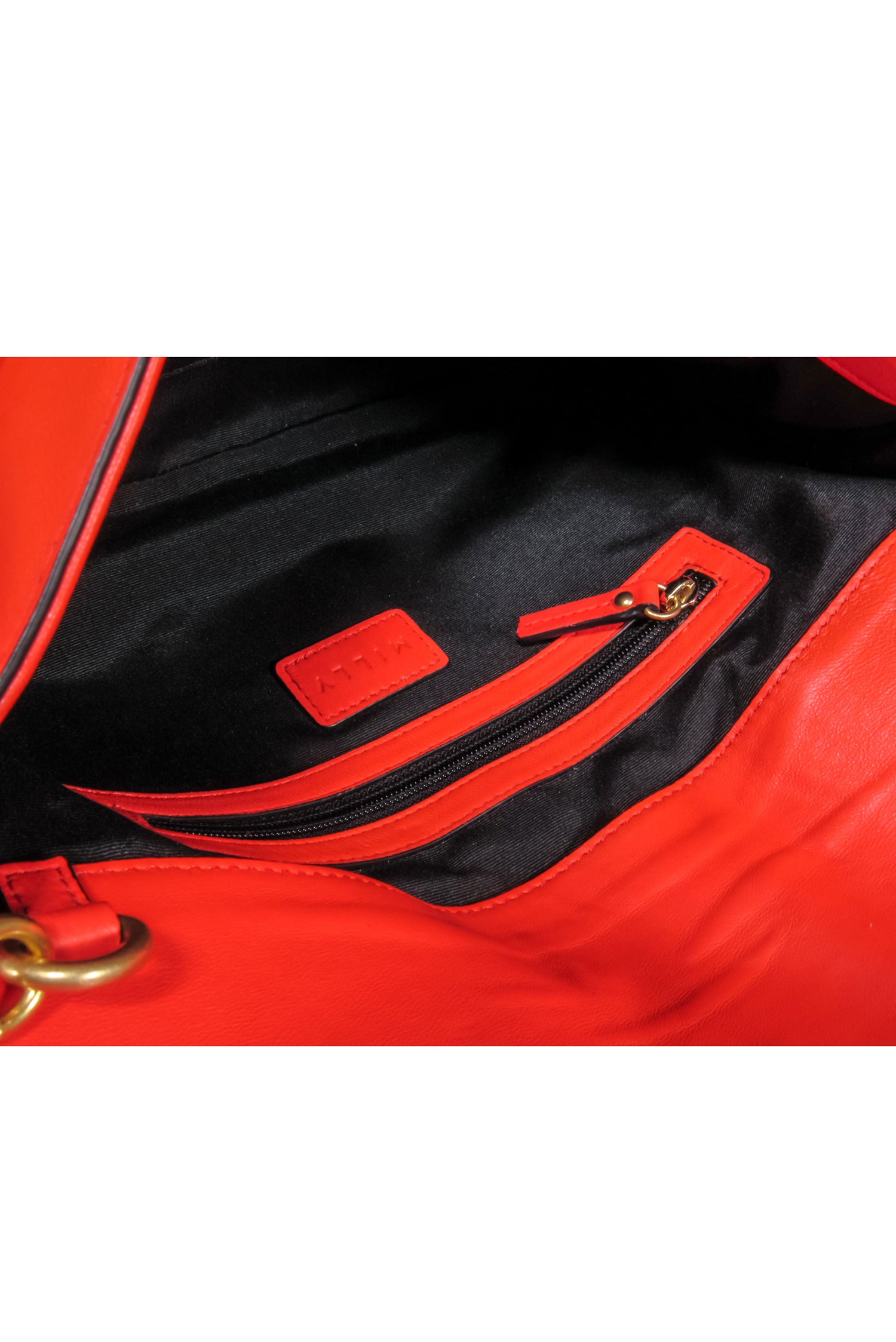 Milly Red Leather Clutch with Gold Grommets and Chain Strap - A Bold Fashion Statement