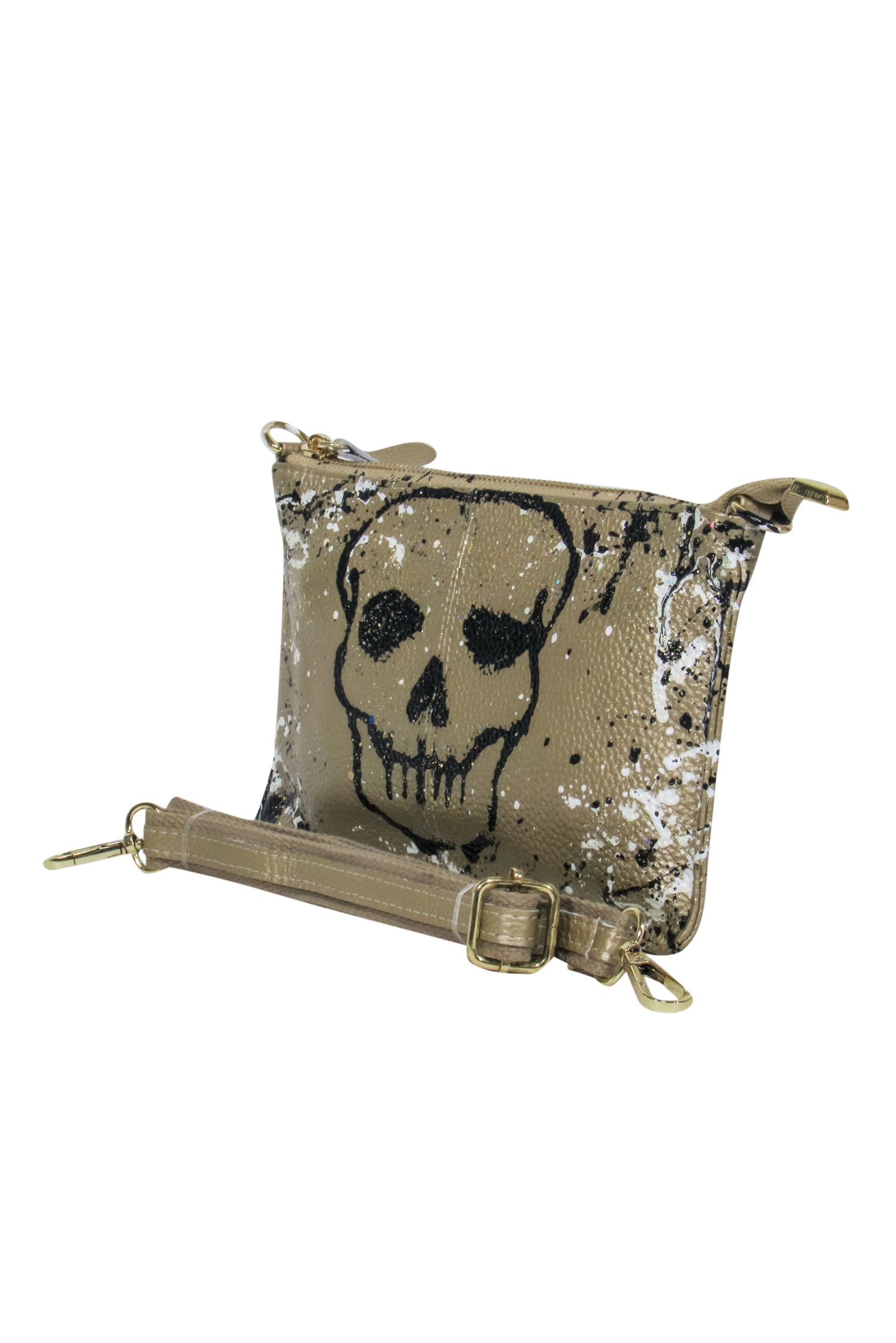 Anca Barbu's Gold Metallic Skull Print Convertible Crossbody Bag - Unleash Your Edge!
