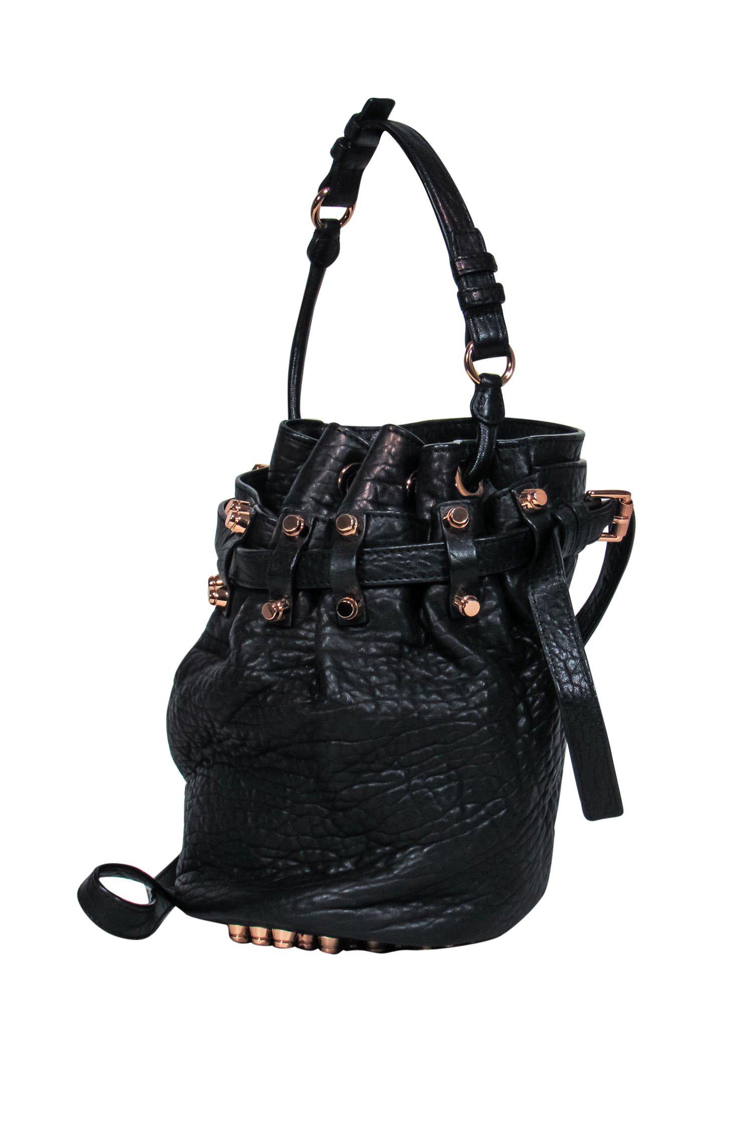 Alexander Wang's Stunning 'Diego' Black Textured Leather Bucket Bag with Rose Gold Studs
