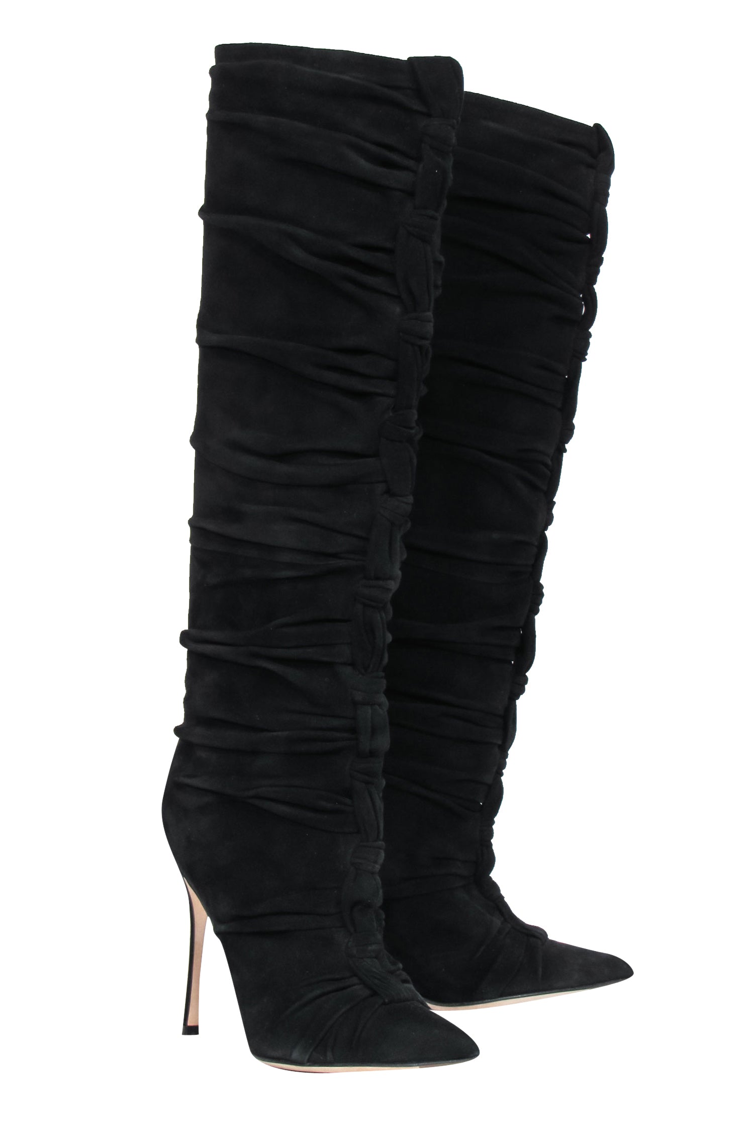 Sergio Rossi Black Suede Ruched Knee - High Stiletto Boots, Size 7