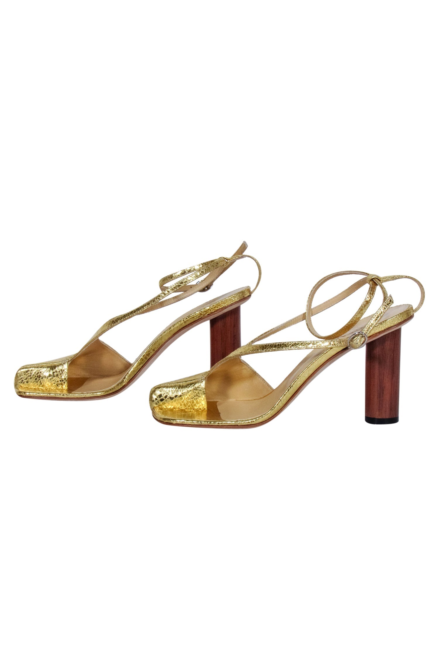 A.W.A.K.E. Mode - Stunning Gold Crinkled Foil Asymmetric Open - Toe Heels in Size 8