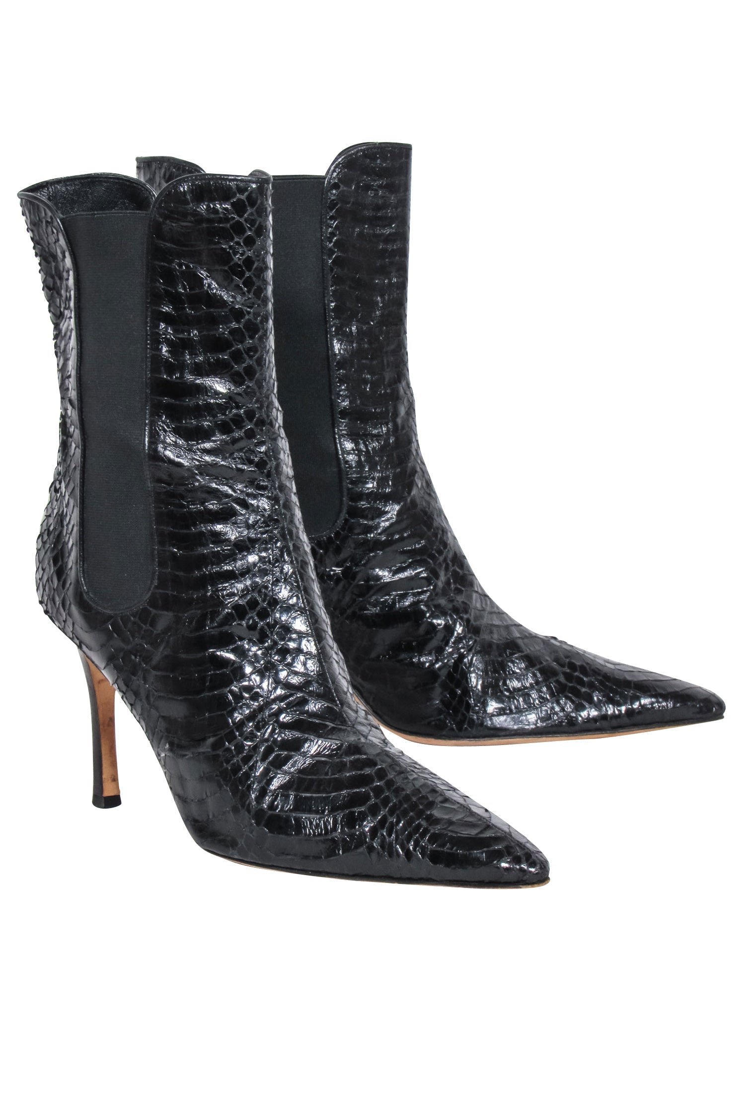 Manolo Blahnik - Stunning Black Snakeskin Heeled Short Boots Size 11.5