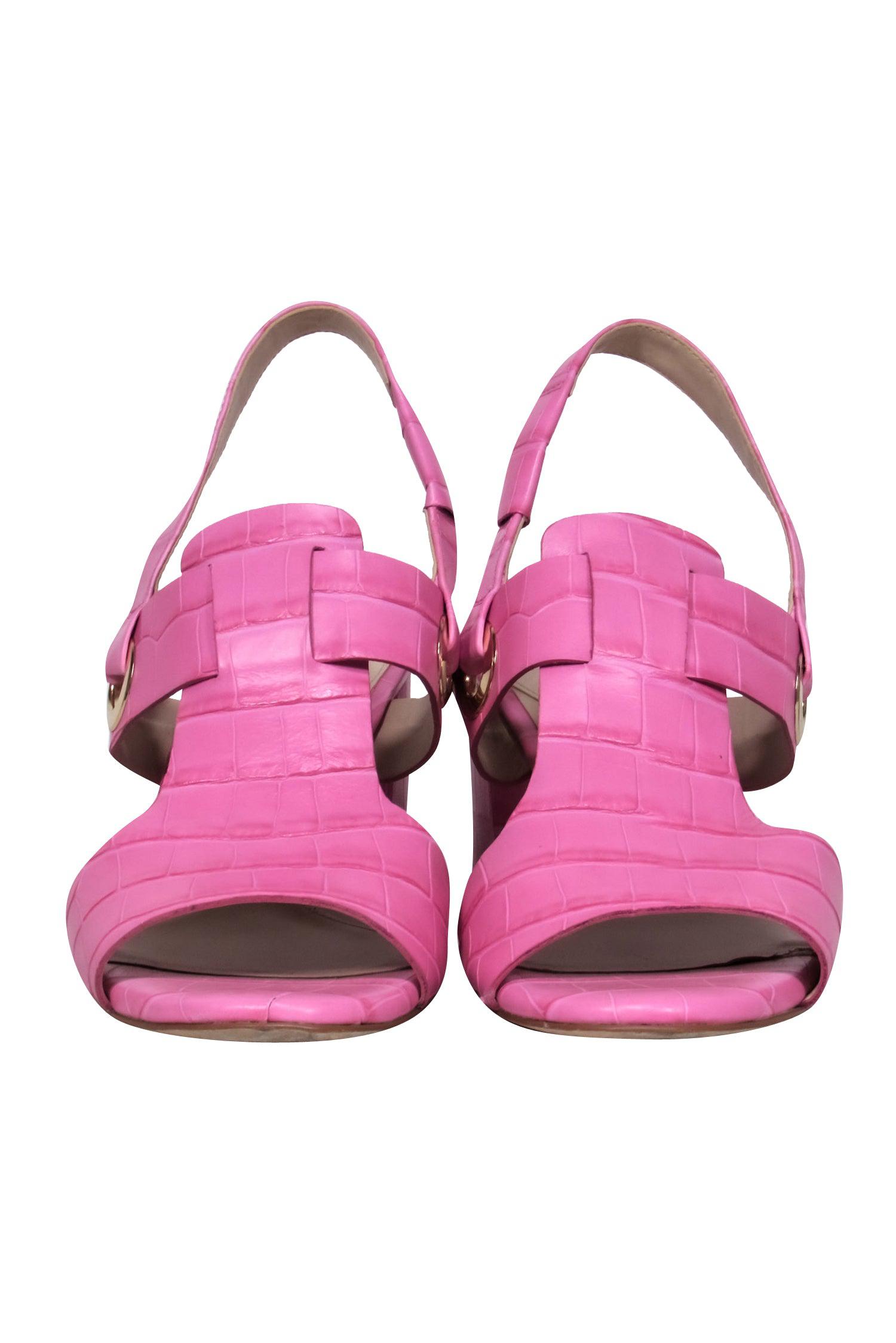 Cole Hann Light Pink Croc-Embossed Block Heel Ankle Strap Sandals - Size 8.5