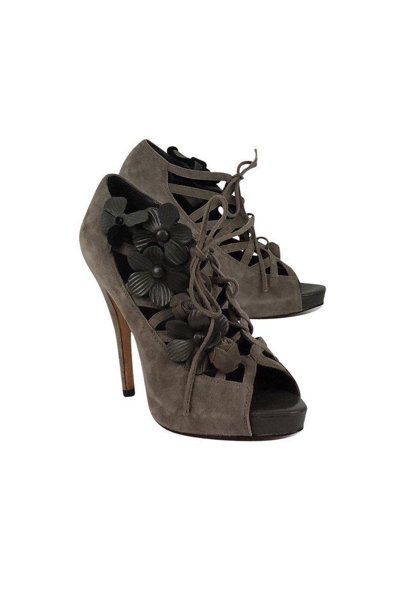 Menbur Gray Suede Floral Detail Lace - Up Peep - Toe Heels in Size 8.5
