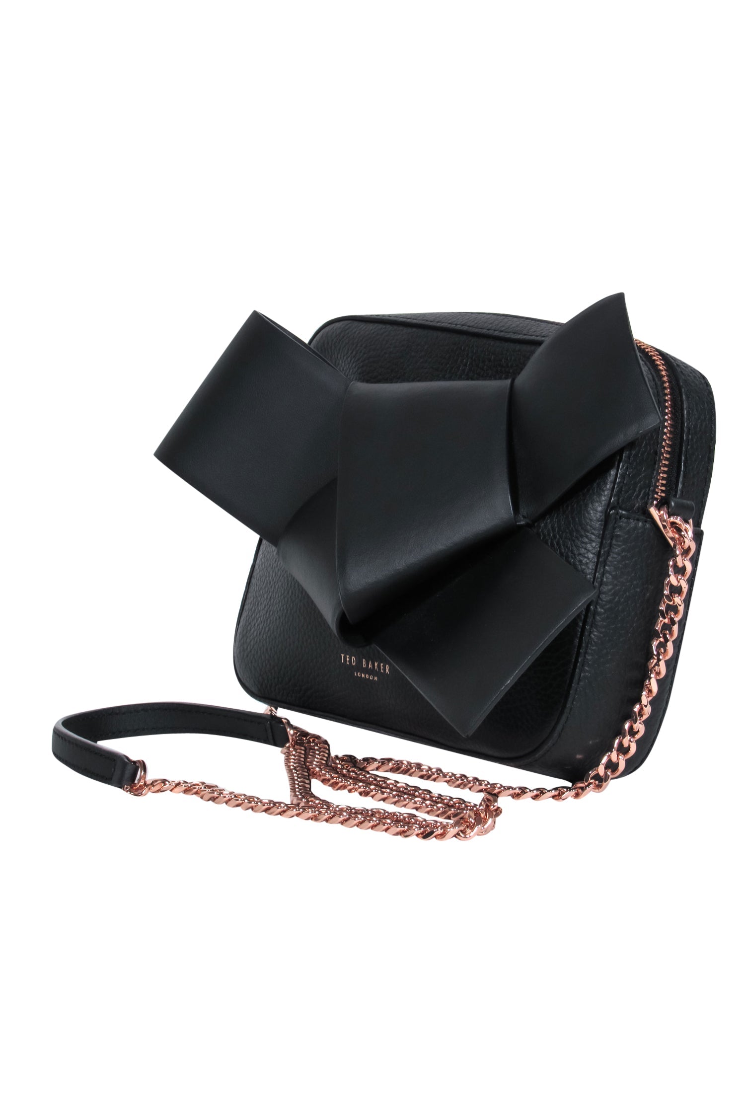 Ted Baker Black Pebbled Leather Rose Gold Chain Crossbody Bag with Bow - A Chic Fashion Essential
